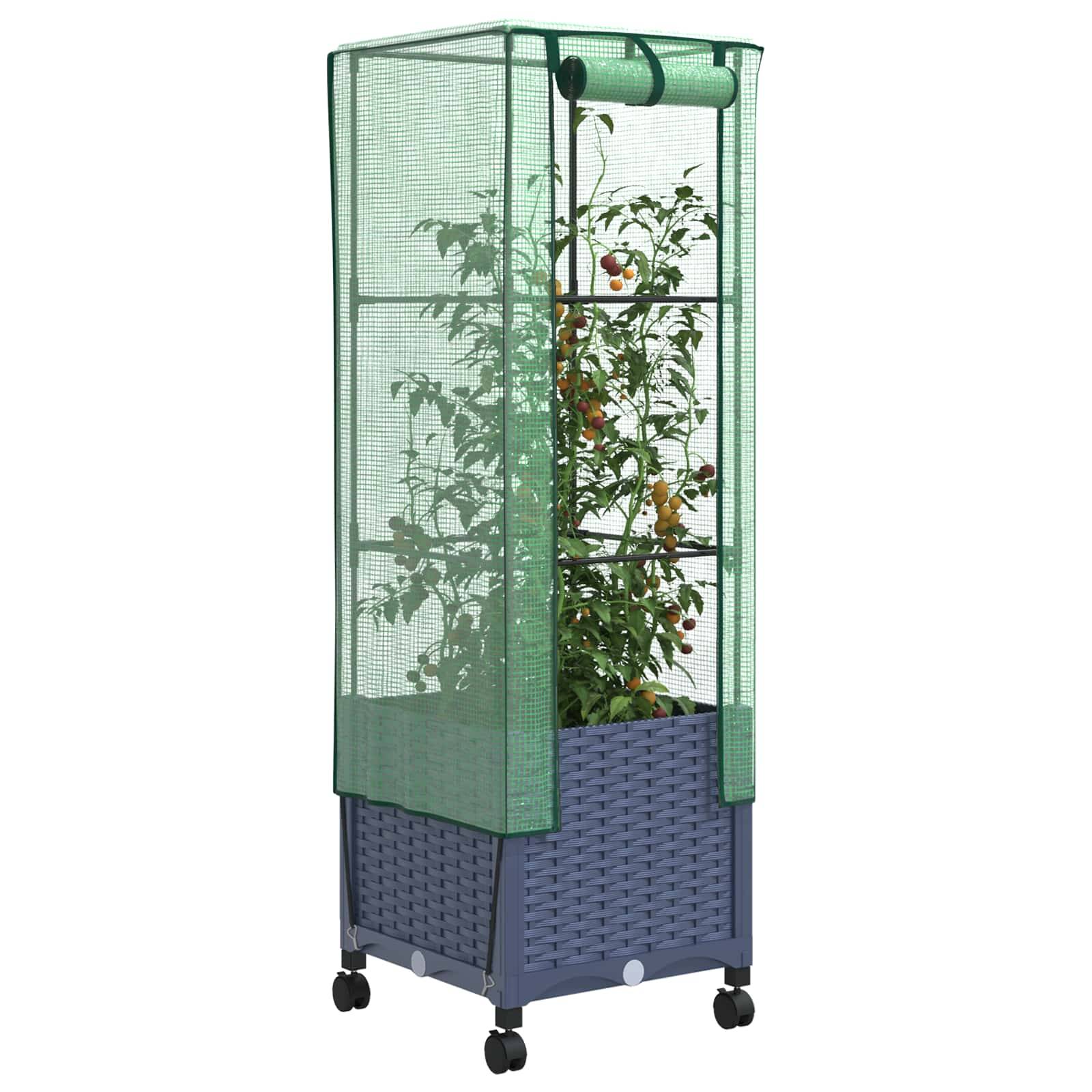 vidaXL Gartenplanter mit Gewächshausabdeckung und Rädern Blaugrau PP