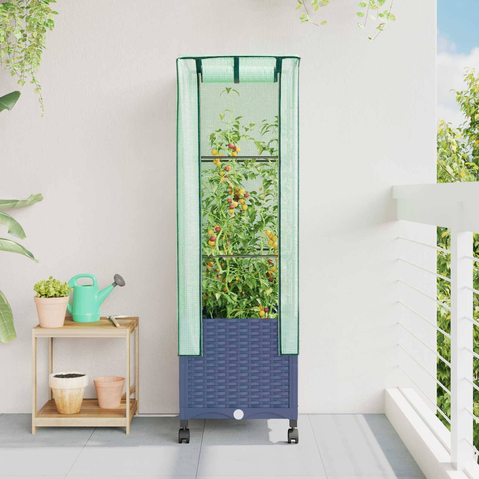 vidaXL Gartenplanter mit Gewächshausabdeckung und Rädern Blaugrau PP
