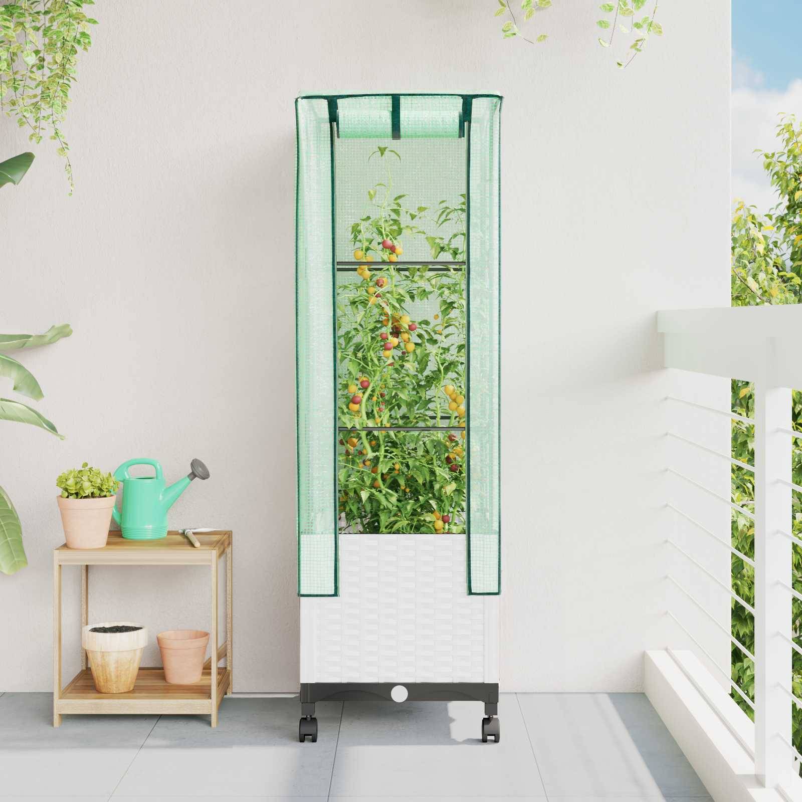 vidaXL Gartenplanter mit Gewächshausabdeckung und Rädern Weiß PP