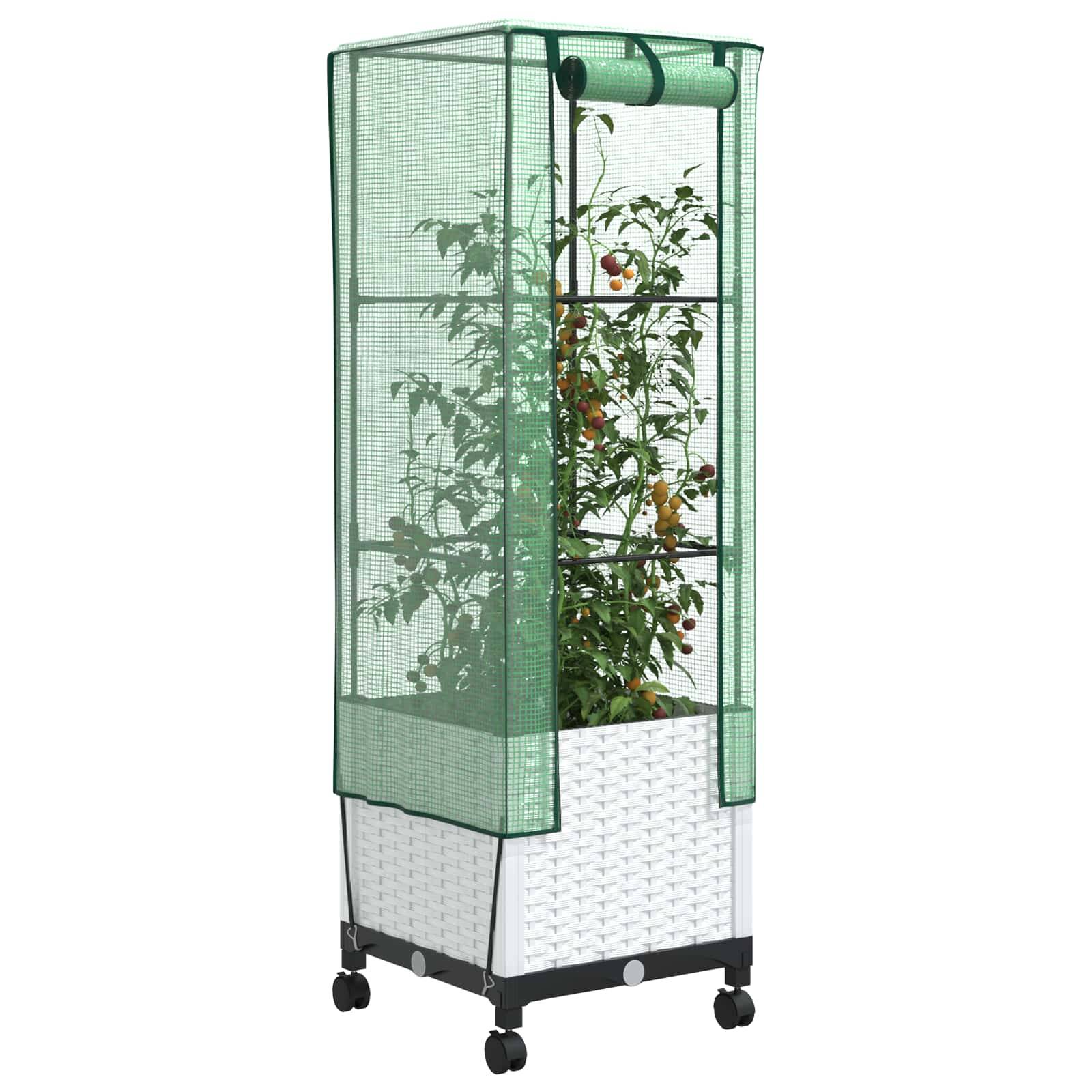 vidaXL Gartenplanter mit Gewächshausabdeckung und Rädern Weiß PP
