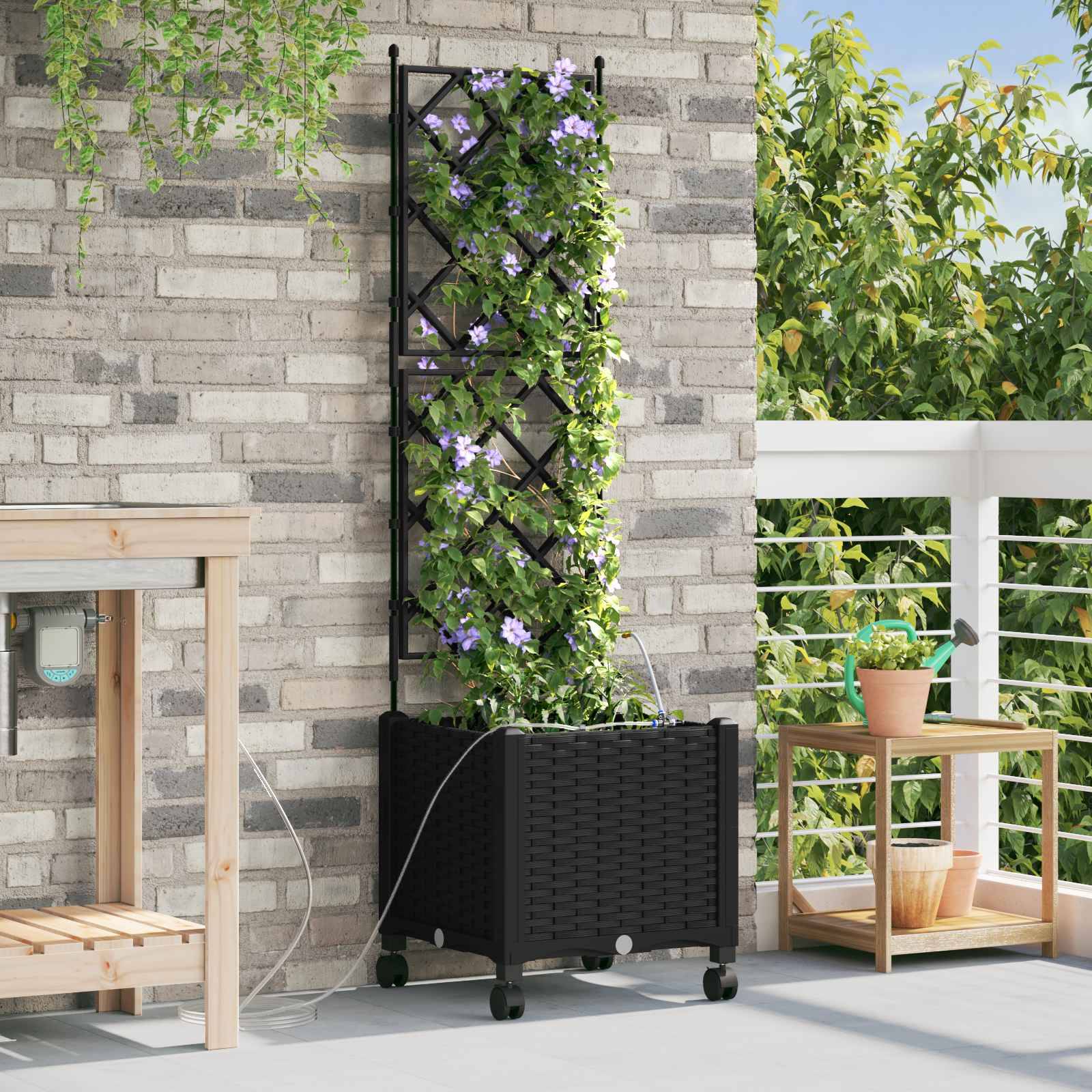 vidaXL Garten Blumenkübel mit Bewässerung und Rädern Schwarz PP