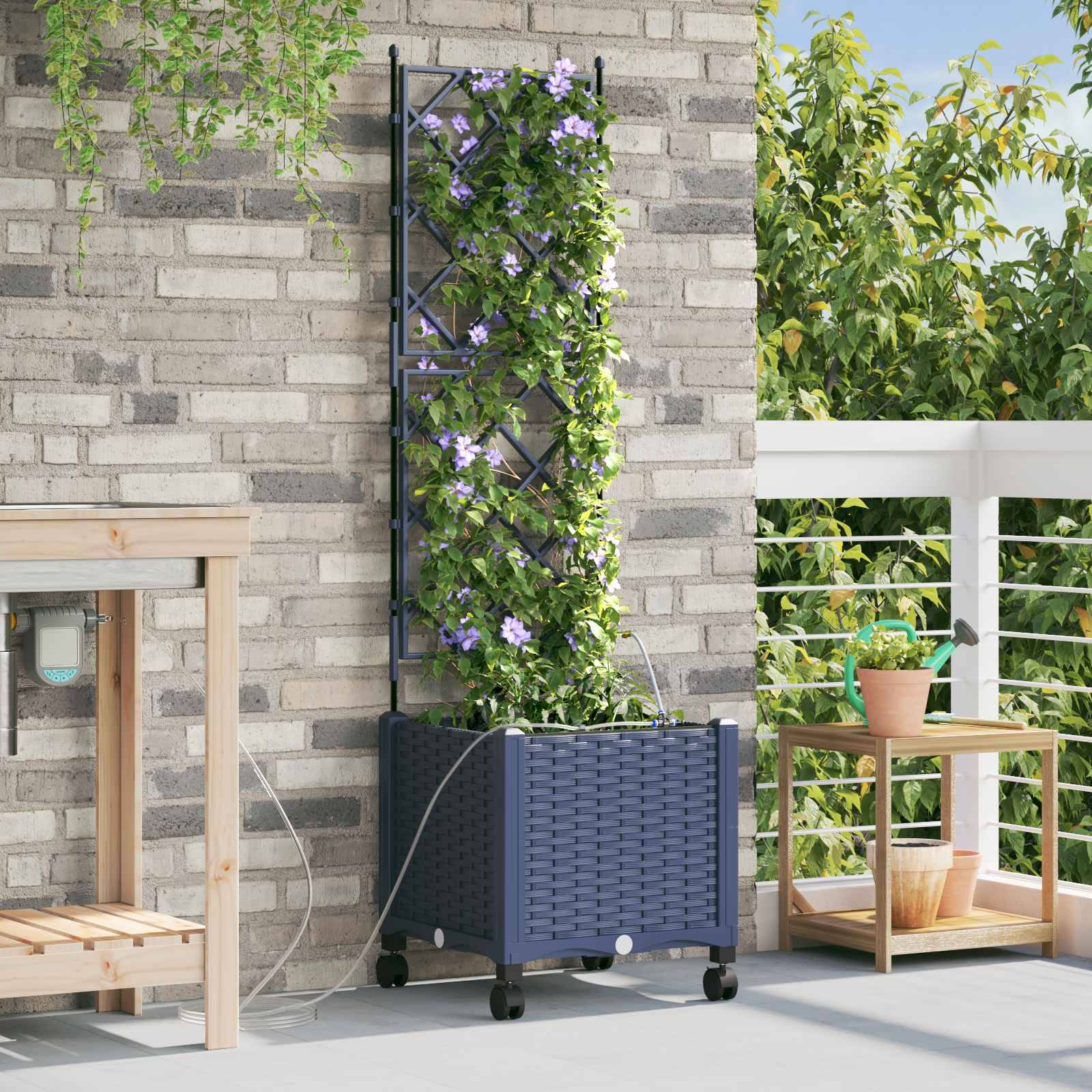 vidaXL Garten Blumenkübel mit Bewässerung und Rädern Grau PP