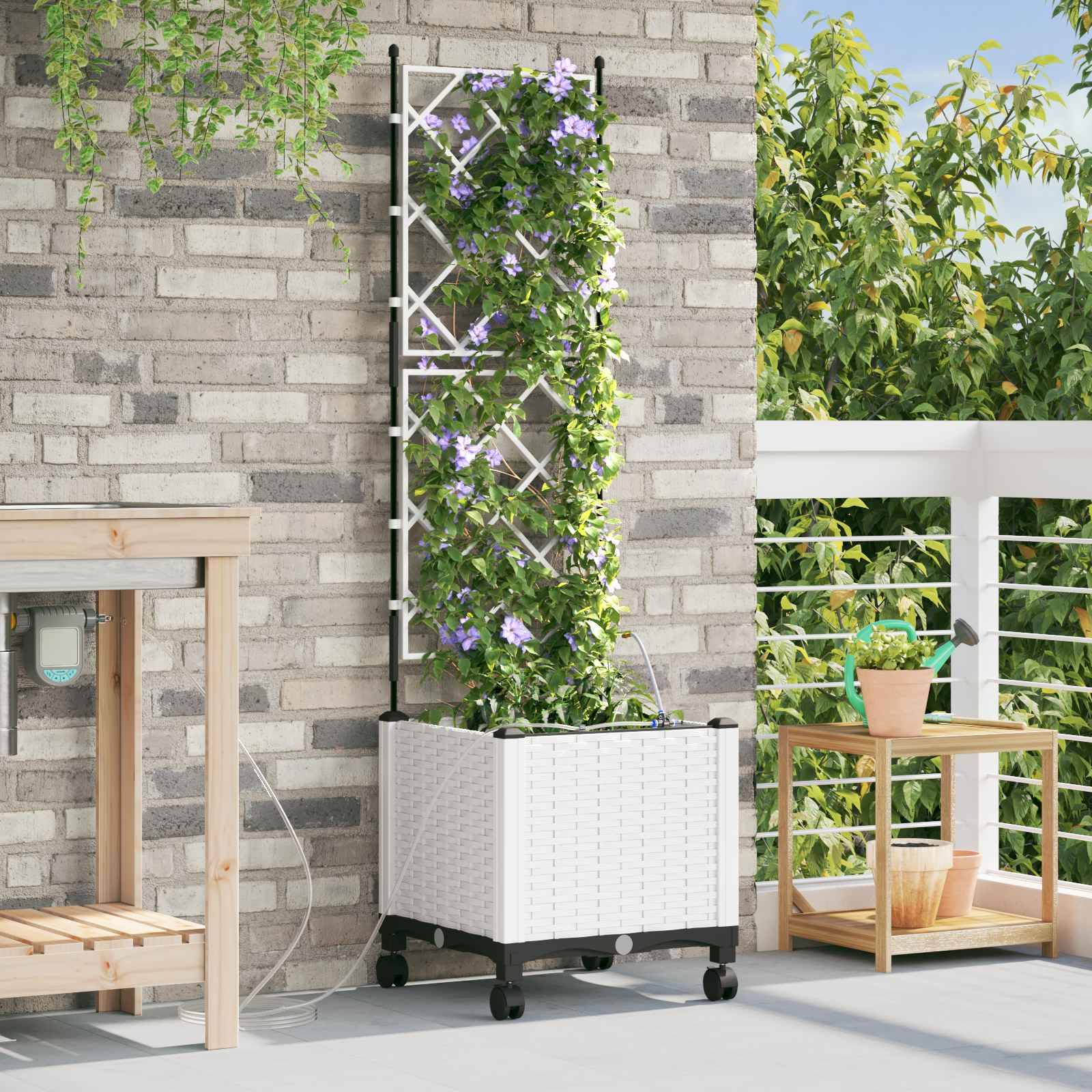 vidaXL Garten Blumenkübel mit Bewässerung und Rädern Weiß PP