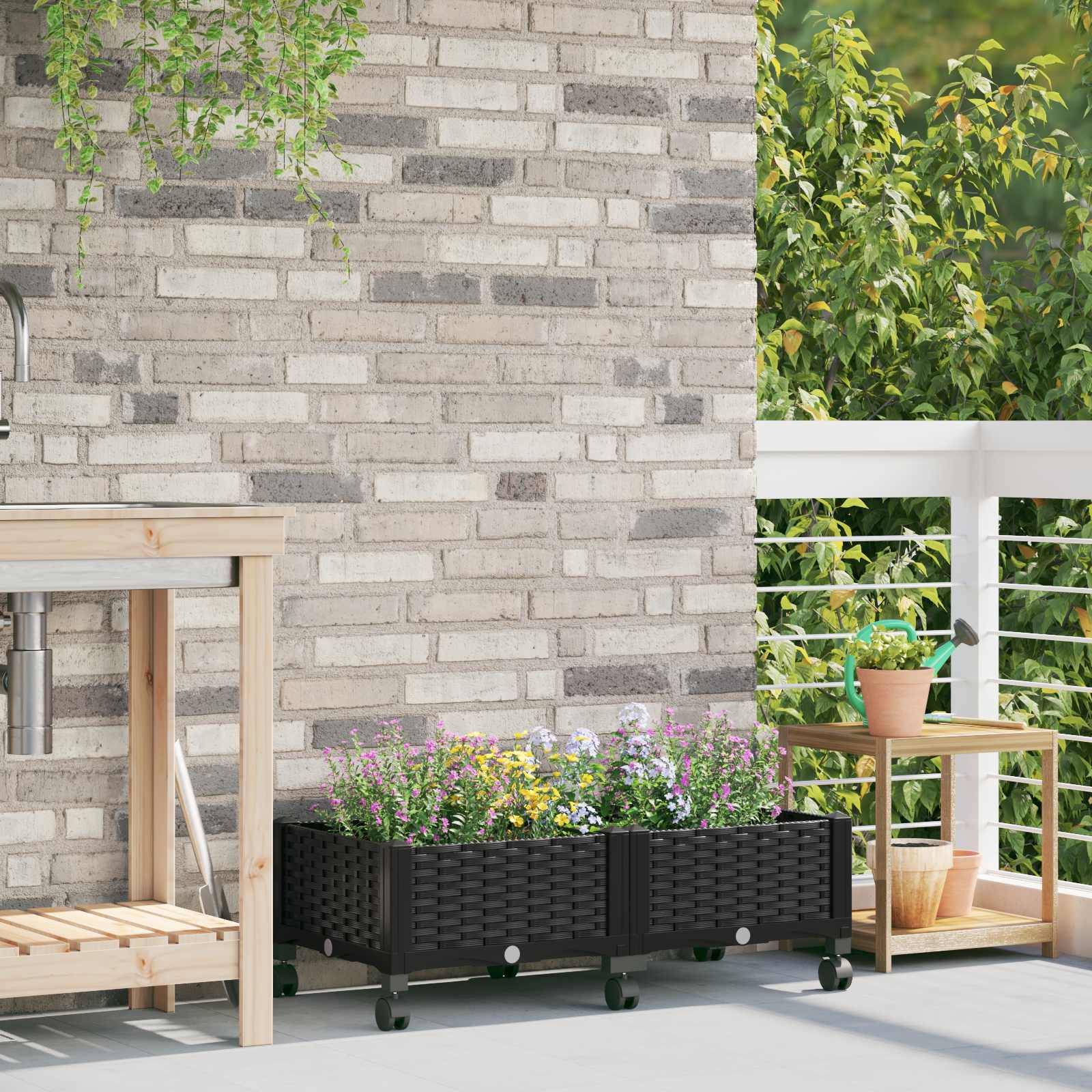 vidaXL Gartenpflanzer mit Rädern Schwarz 80 x 40 x 29 cm PP