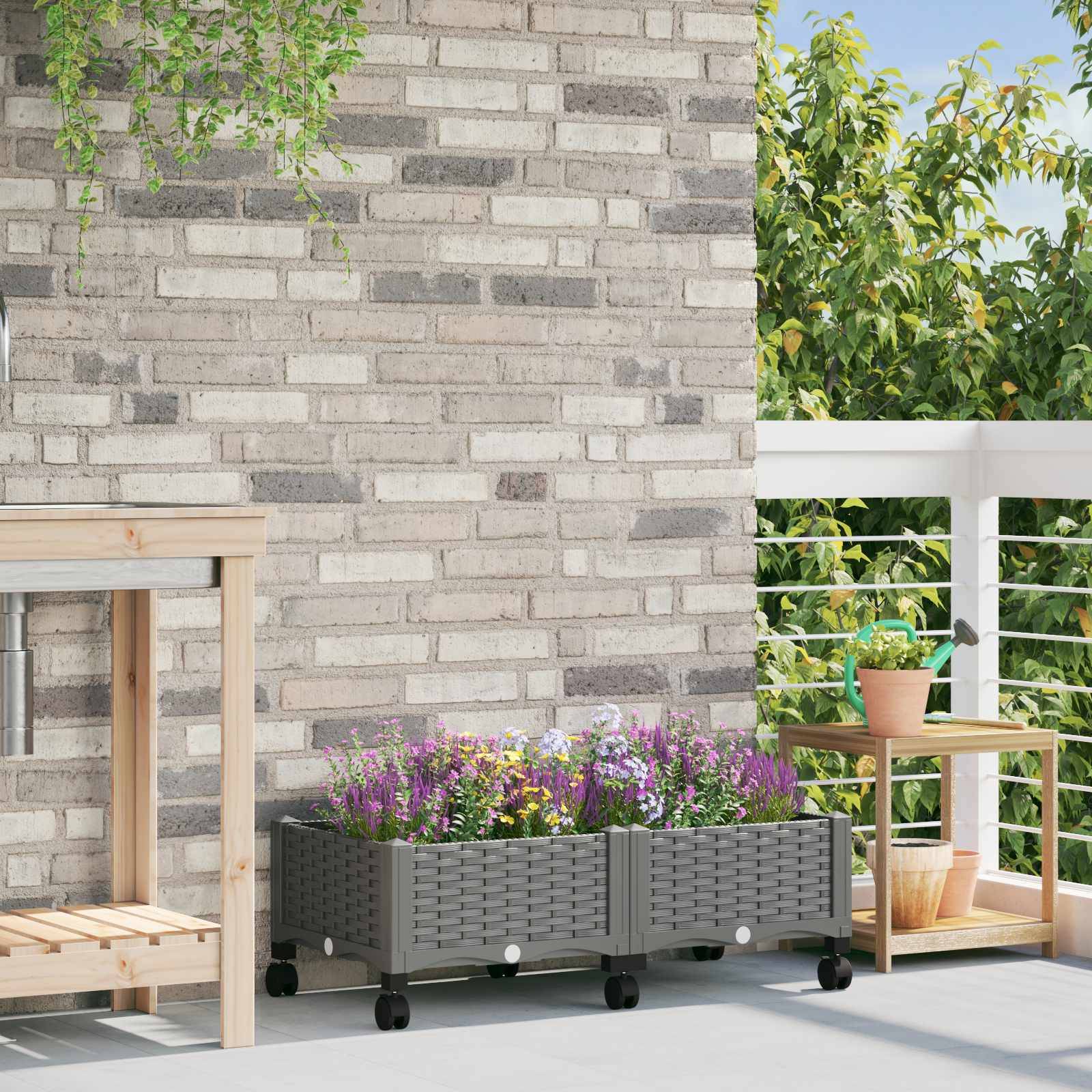 vidaXL Gartenpflanzer mit Rädern Hellgrau 80 x 40 x 33 cm PP