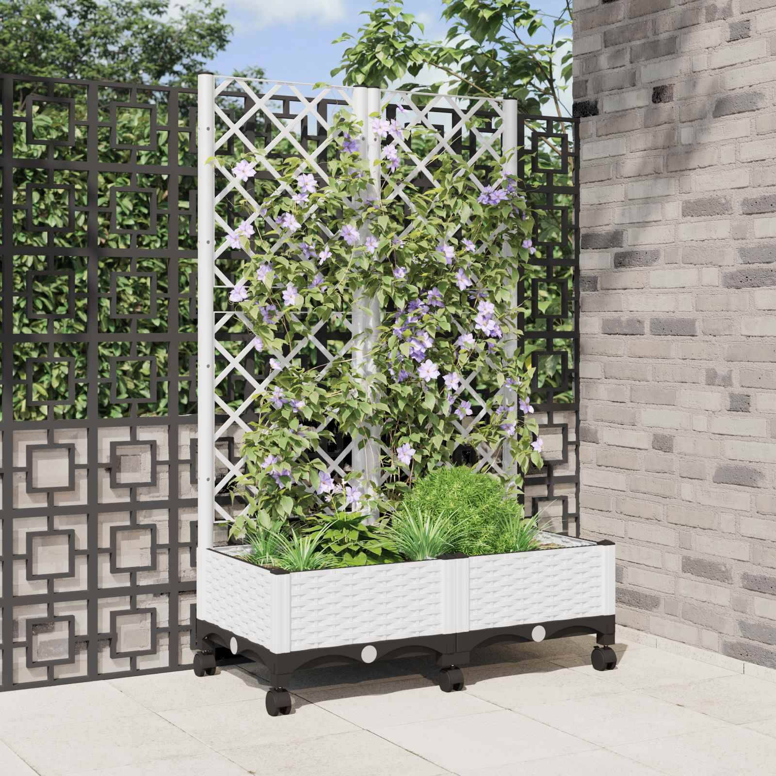 vidaXL Pflanzkübel mit Spalier und Rädern Weiß 80 x 40 x 131,5 cm PP