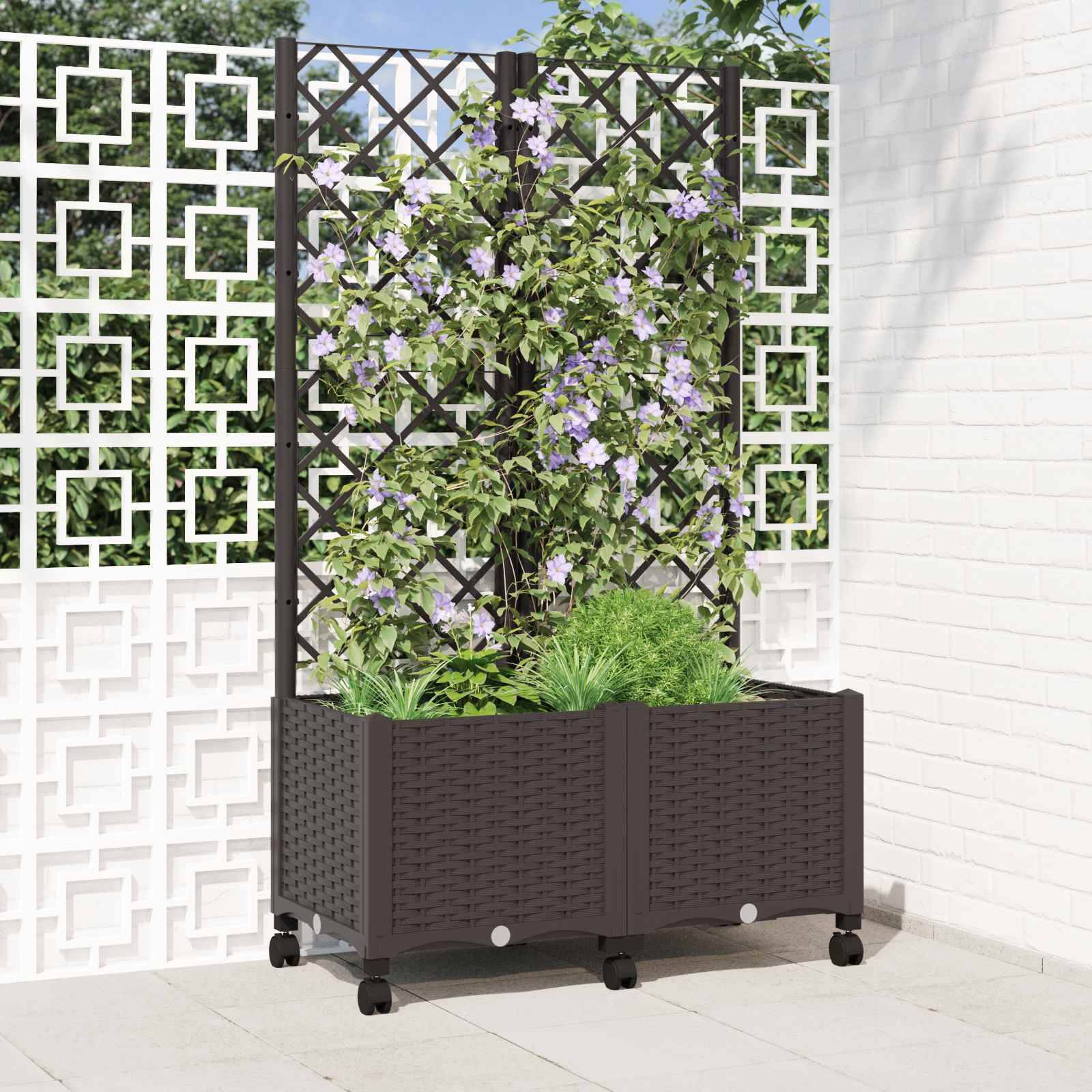 vidaXL Pflanzkübel mit Spalier und Rädern Braun 80 x 40 x 146 cm PP