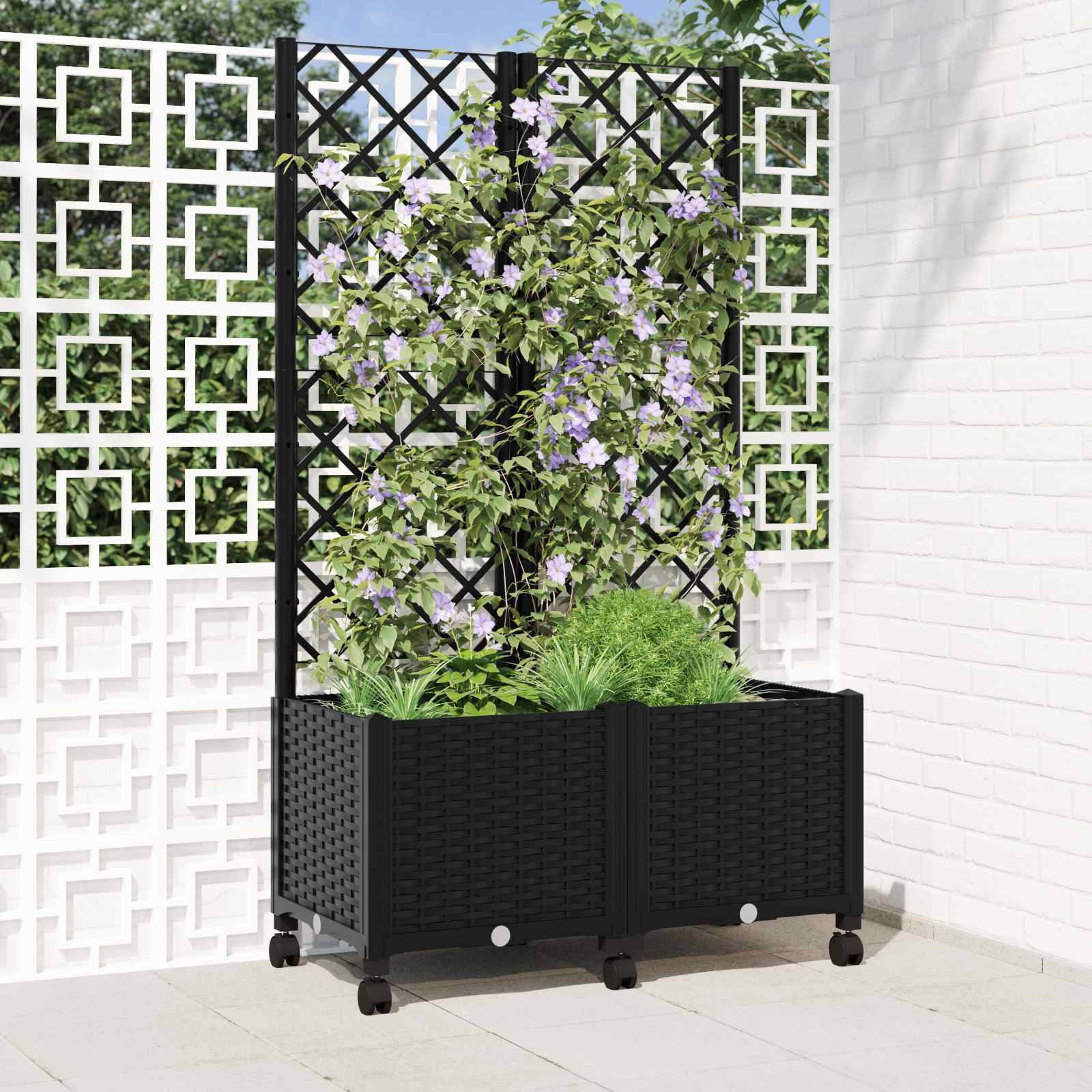 vidaXL Pflanzkübel mit Spalier und Rädern Schwarz 80 x 40 x 146 cm PP