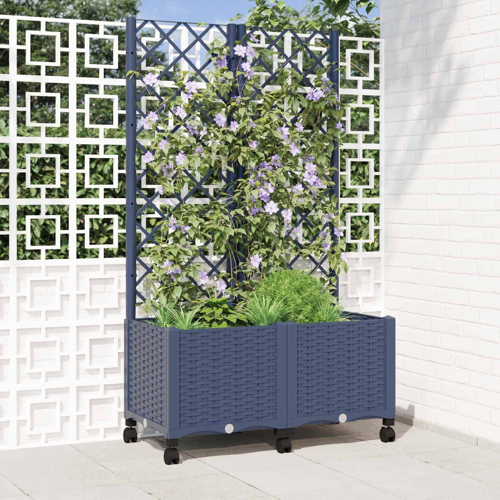 vidaXL Pflanzkübel mit Spalier und Rädern Blaugrau 80 x 40 x 146 cm PP