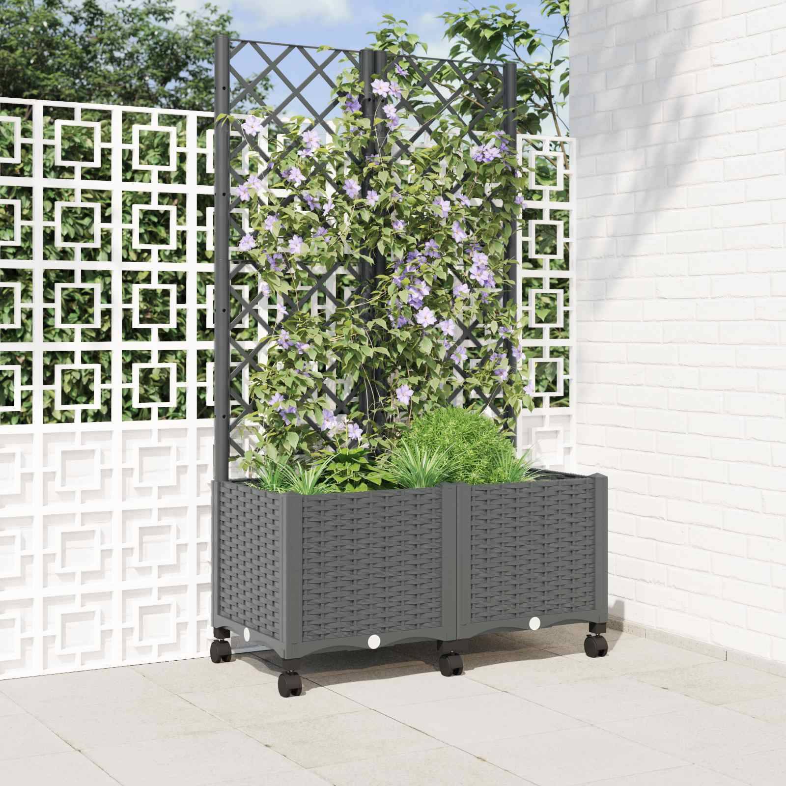 vidaXL Pflanzkübel mit Spalier und Rädern Hellgrau 80 x 40 x 146 cm PP