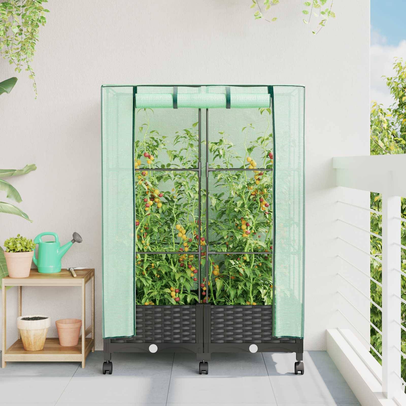vidaXL Gartenplanter mit Gewächshausabdeckung und Rädern 2 Stk. PP