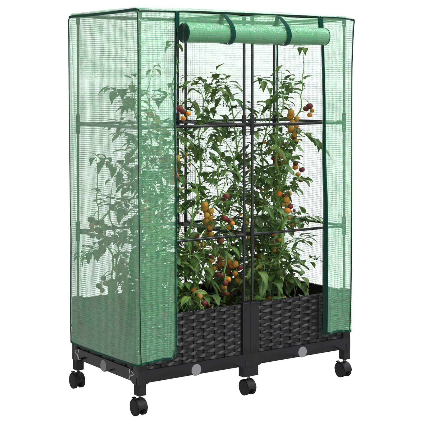 vidaXL Gartenplanter mit Gewächshausabdeckung und Rädern 2 Stk. PP