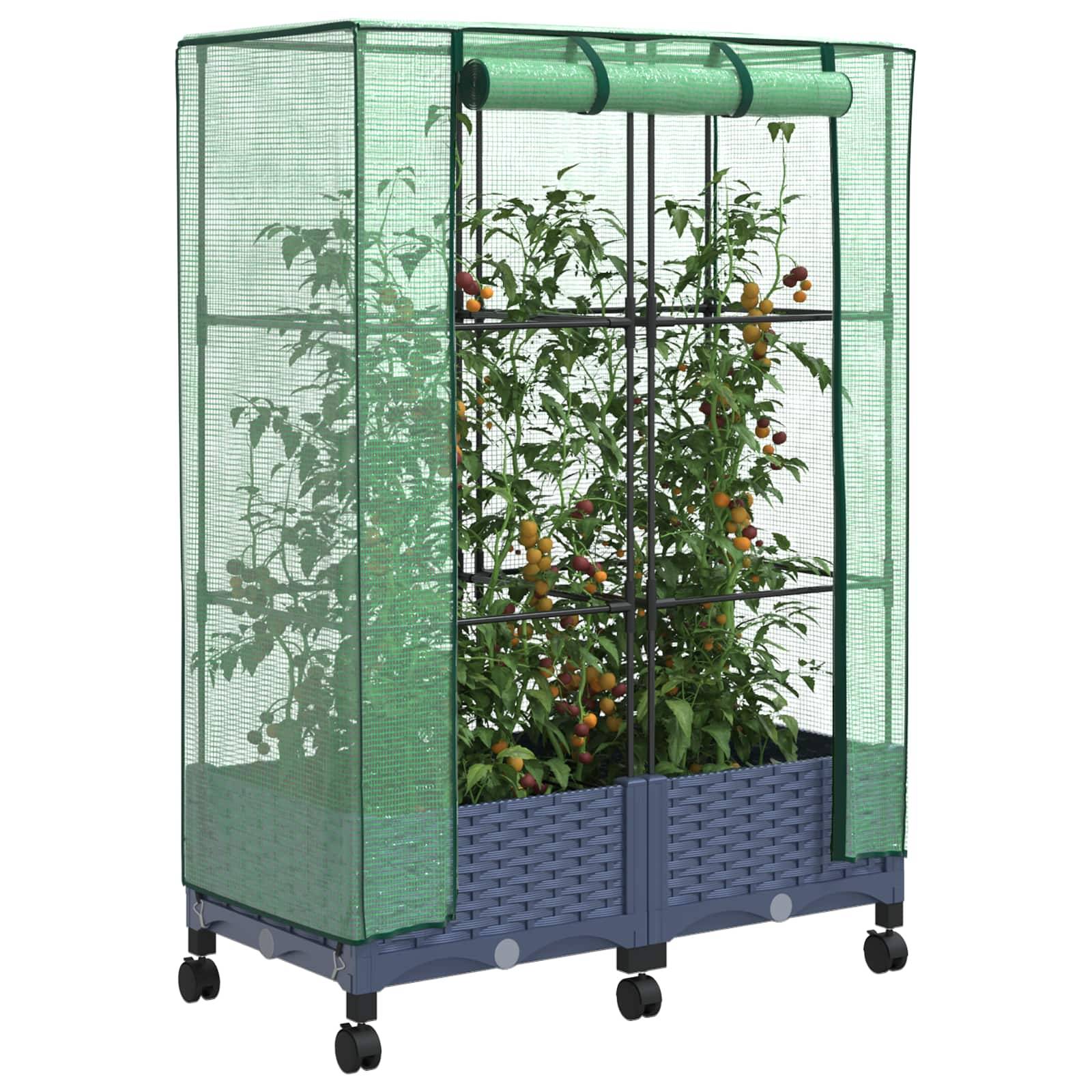 vidaXL Gartenplanter mit Gewächshausabdeckung und Rädern 2 Stk. PP