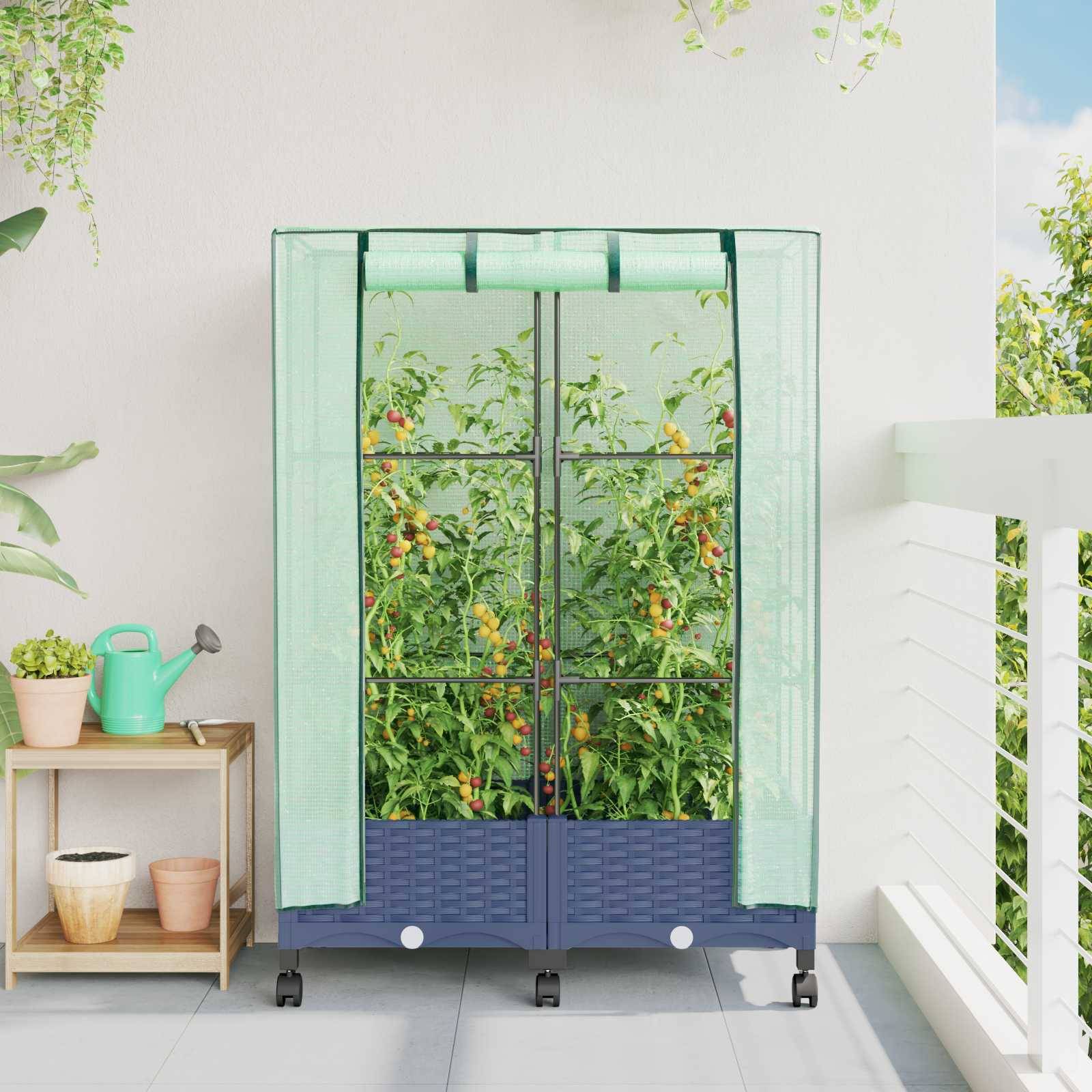 vidaXL Gartenplanter mit Gewächshausabdeckung und Rädern 2 Stk. PP