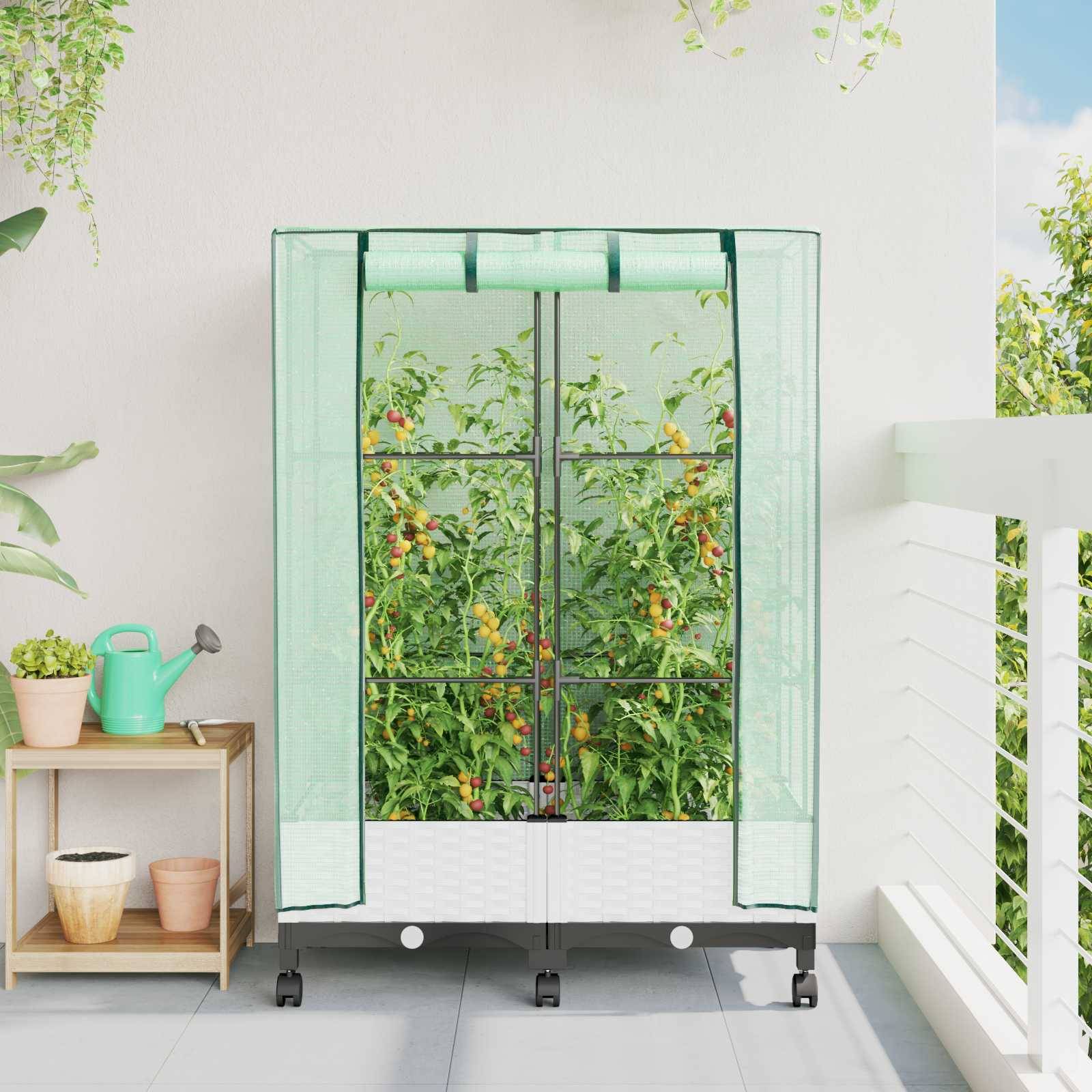 vidaXL Gartenplanter mit Gewächshausabdeckung und Rädern 2 Stk. Weiß