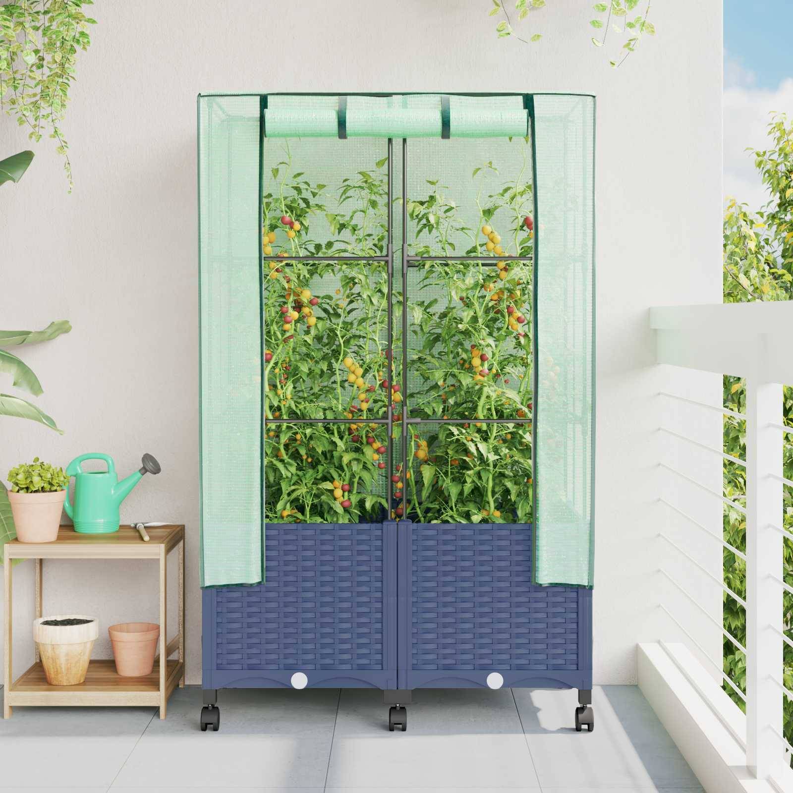 vidaXL Gartenplanter mit Gewächshausabdeckung und Rädern 2 Stk. PP