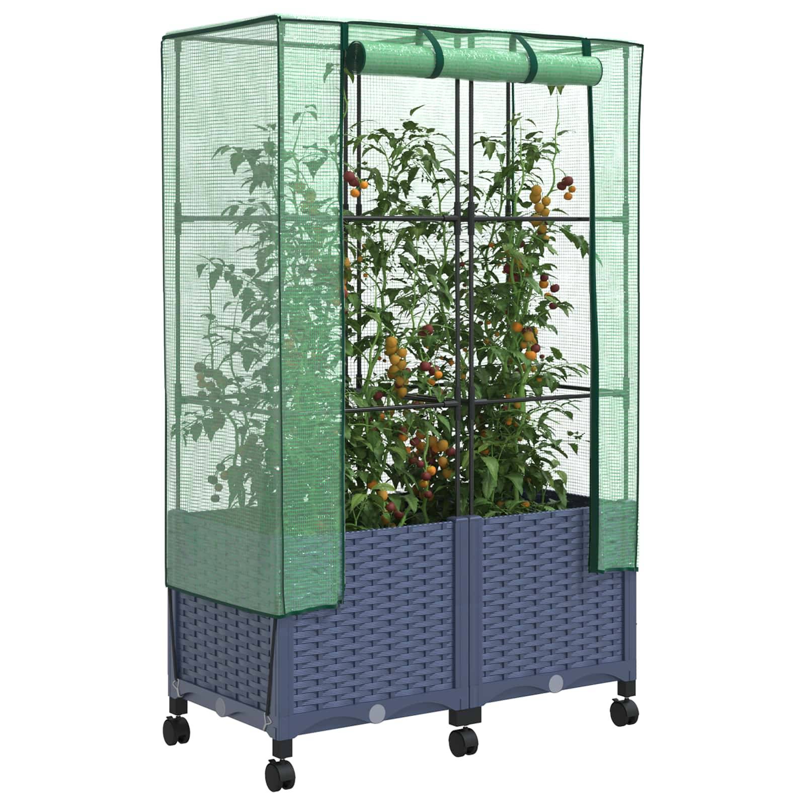 vidaXL Gartenplanter mit Gewächshausabdeckung und Rädern 2 Stk. PP