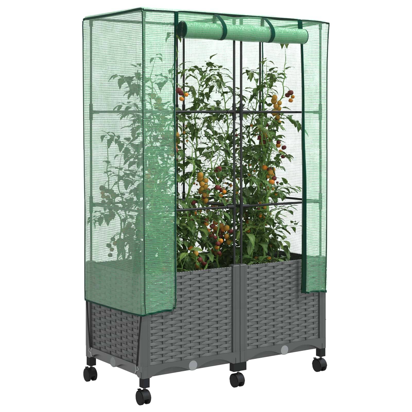 vidaXL Gartenplanter mit Gewächshausabdeckung und Rädern 2 Stk. PP