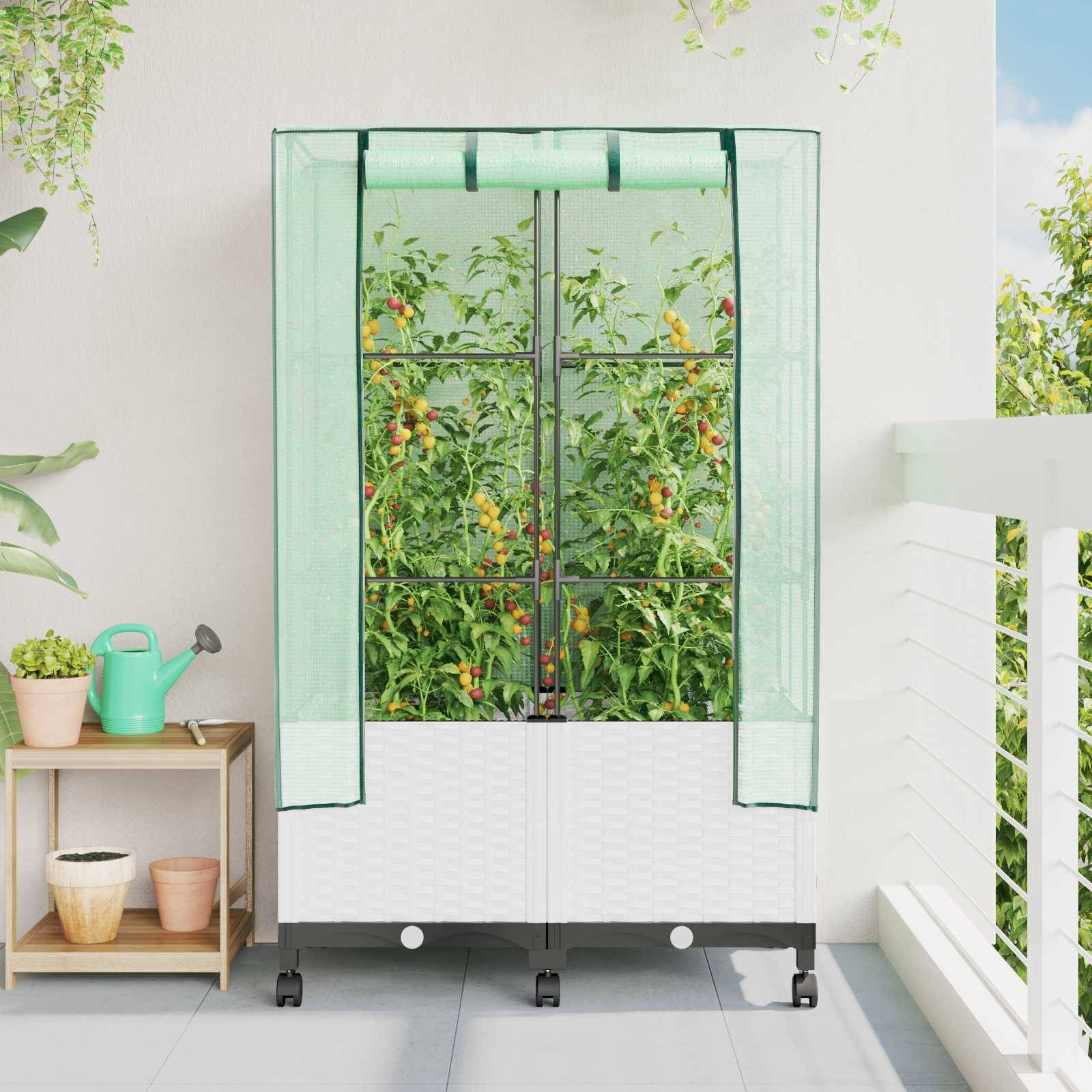 vidaXL Gartenplanter mit Gewächshausabdeckung und Rädern 2 Stk. Weiß