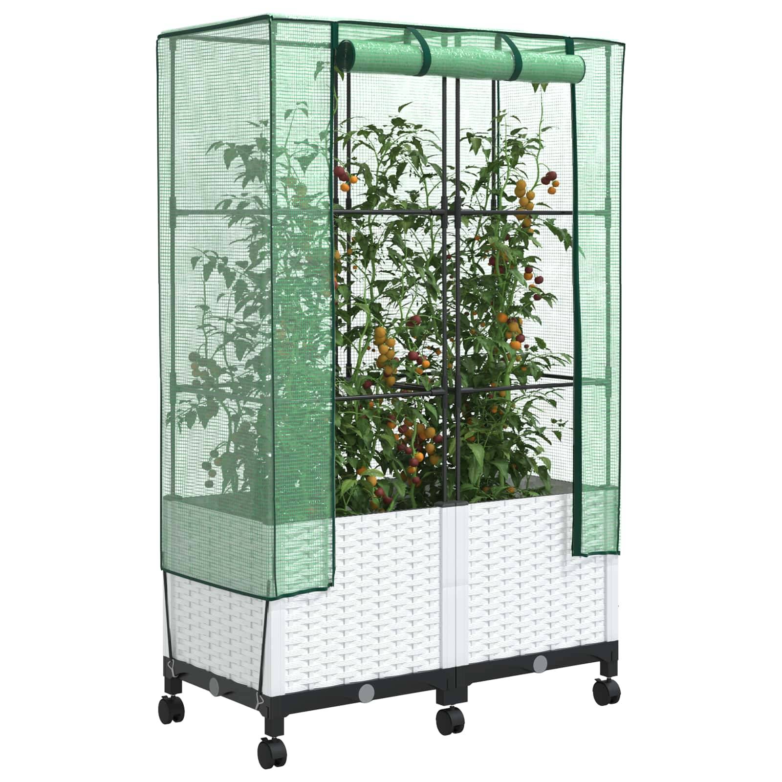 vidaXL Gartenplanter mit Gewächshausabdeckung und Rädern 2 Stk. Weiß