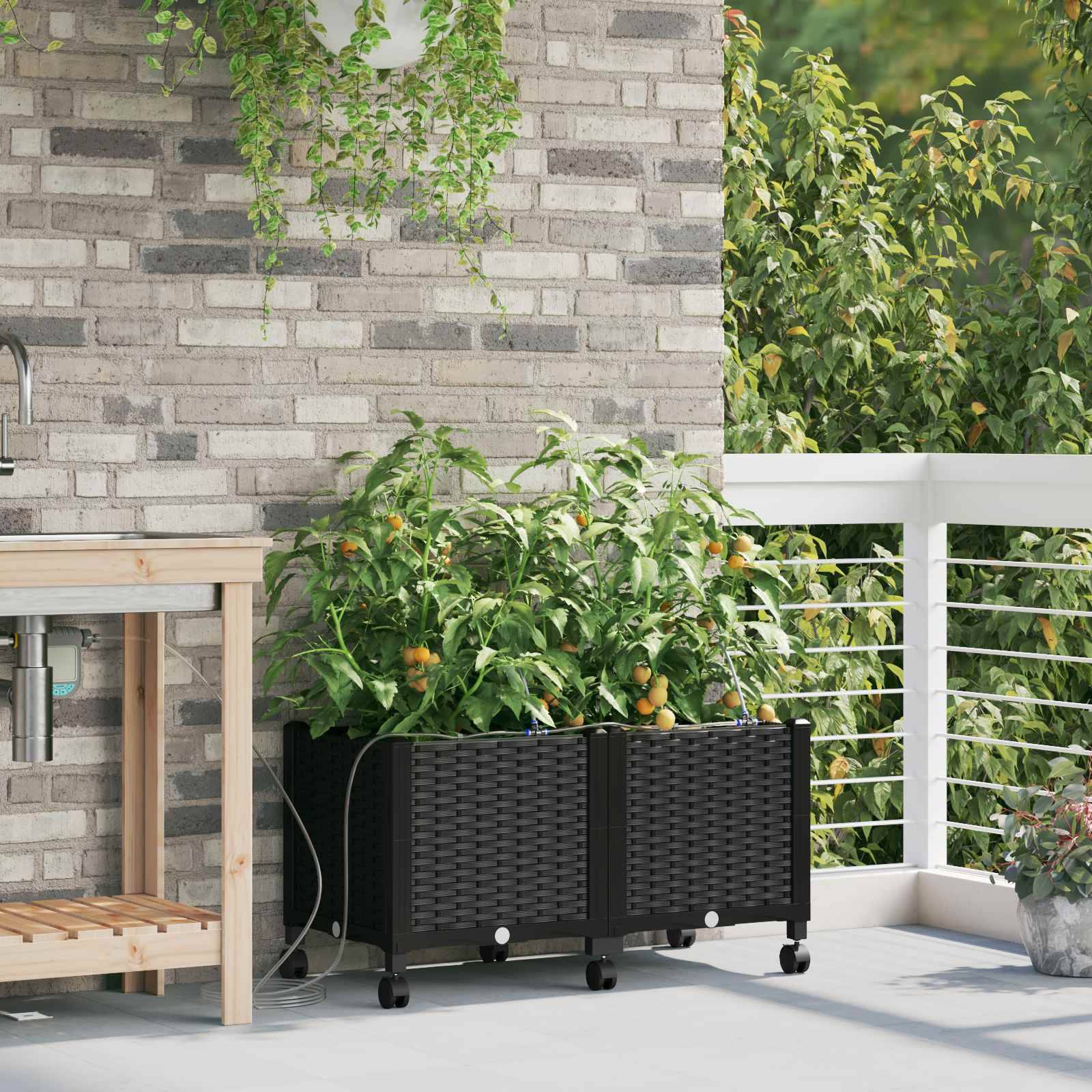 vidaXL Garten Blumenkübel mit Bewässerung und Rädern 2 Stk. Schwarz PP
