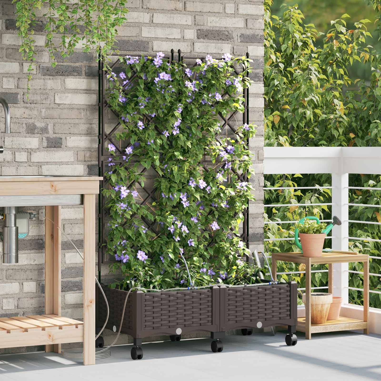 vidaXL Garten Blumenkübel mit Bewässerung und Rädern 2 Stk. Braun PP