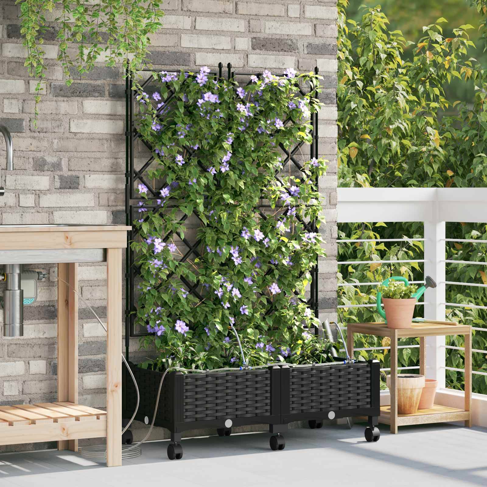 vidaXL Garten Blumenkübel mit Bewässerung und Rädern 2 Stk. Schwarz PP