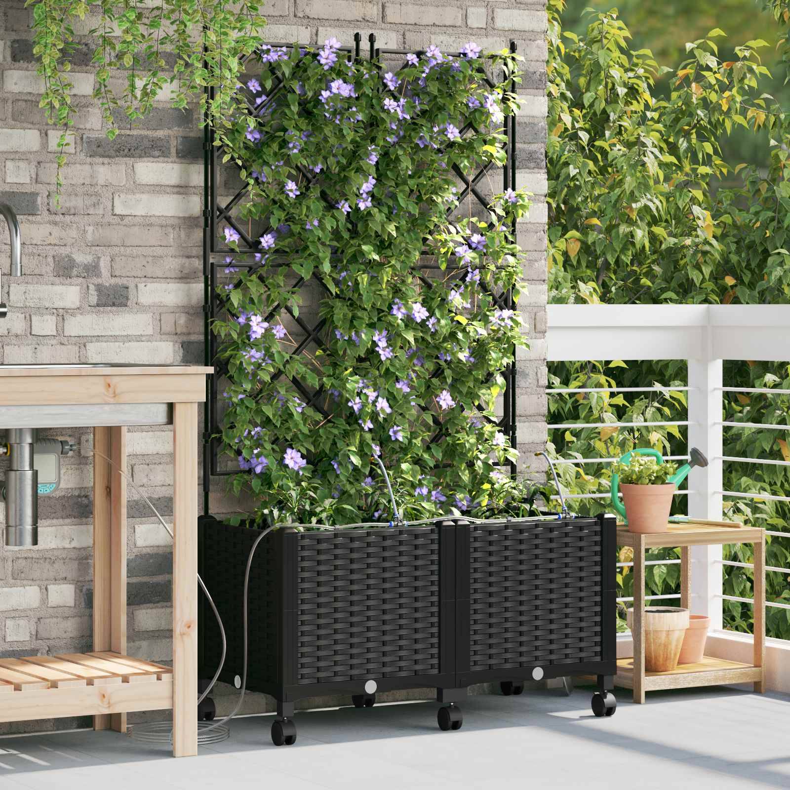 vidaXL Garten Blumenkübel mit Bewässerung und Rädern 2 Stk. Schwarz PP