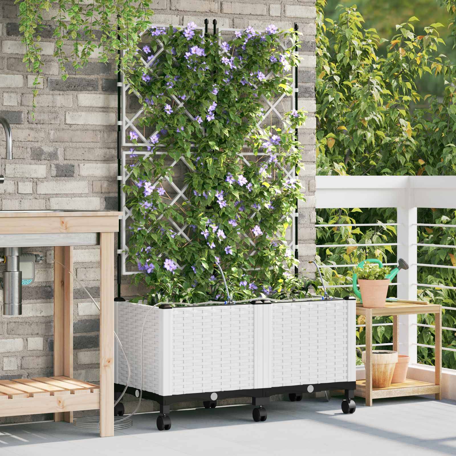 vidaXL Garten Blumenkübel mit Bewässerung und Rädern 2 Stk. Weiß PP