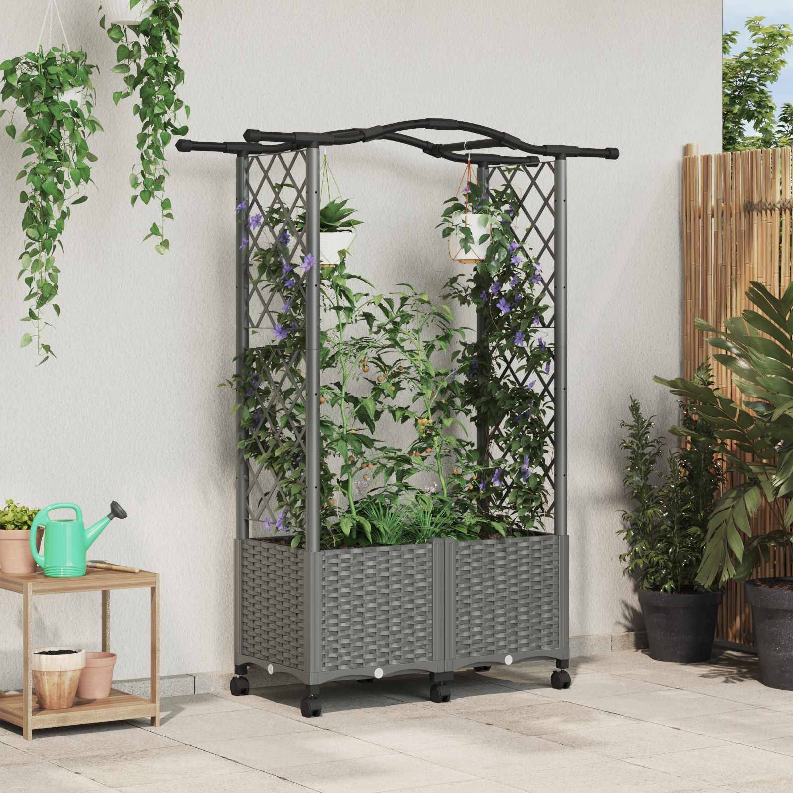vidaXL Hochbeet mit Rankgitter und Dach Hellgrau 125 x 40 x 144 cm PP