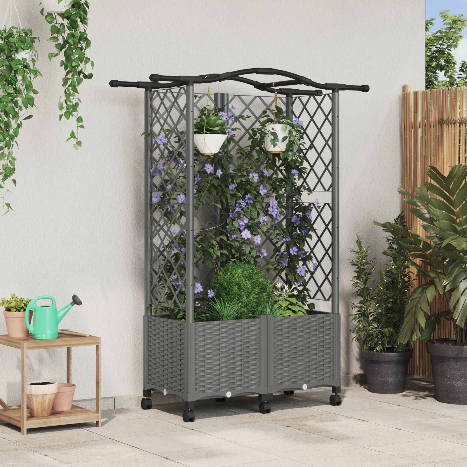 vidaXL Hochbeet mit Rankgitter und Dach Hellgrau 122 x 40 x 144 cm PP
