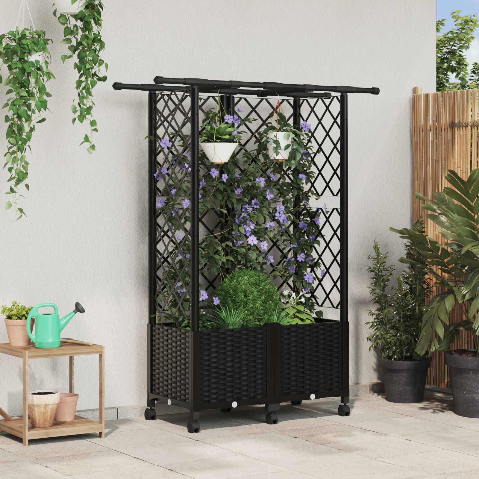 vidaXL Hochbeet mit Rankgitter und Dach Schwarz 124 x 40 x 142 cm PP