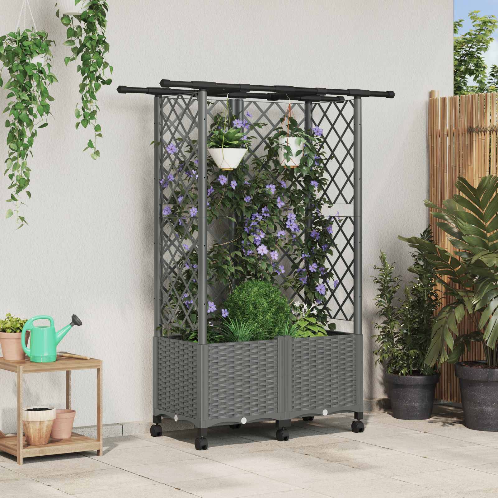 vidaXL Hochbeet mit Rankgitter und Dach Hellgrau 124 x 40 x 142 cm PP