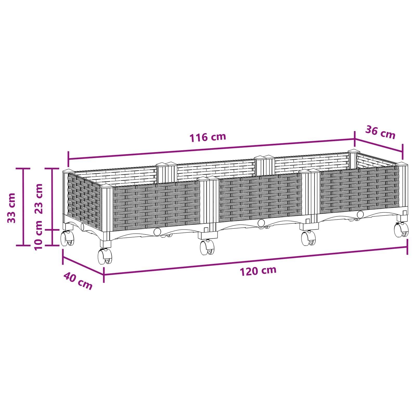 vidaXL Gartenpflanzer mit Rädern Braun 120 x 40 x 29 cm PP