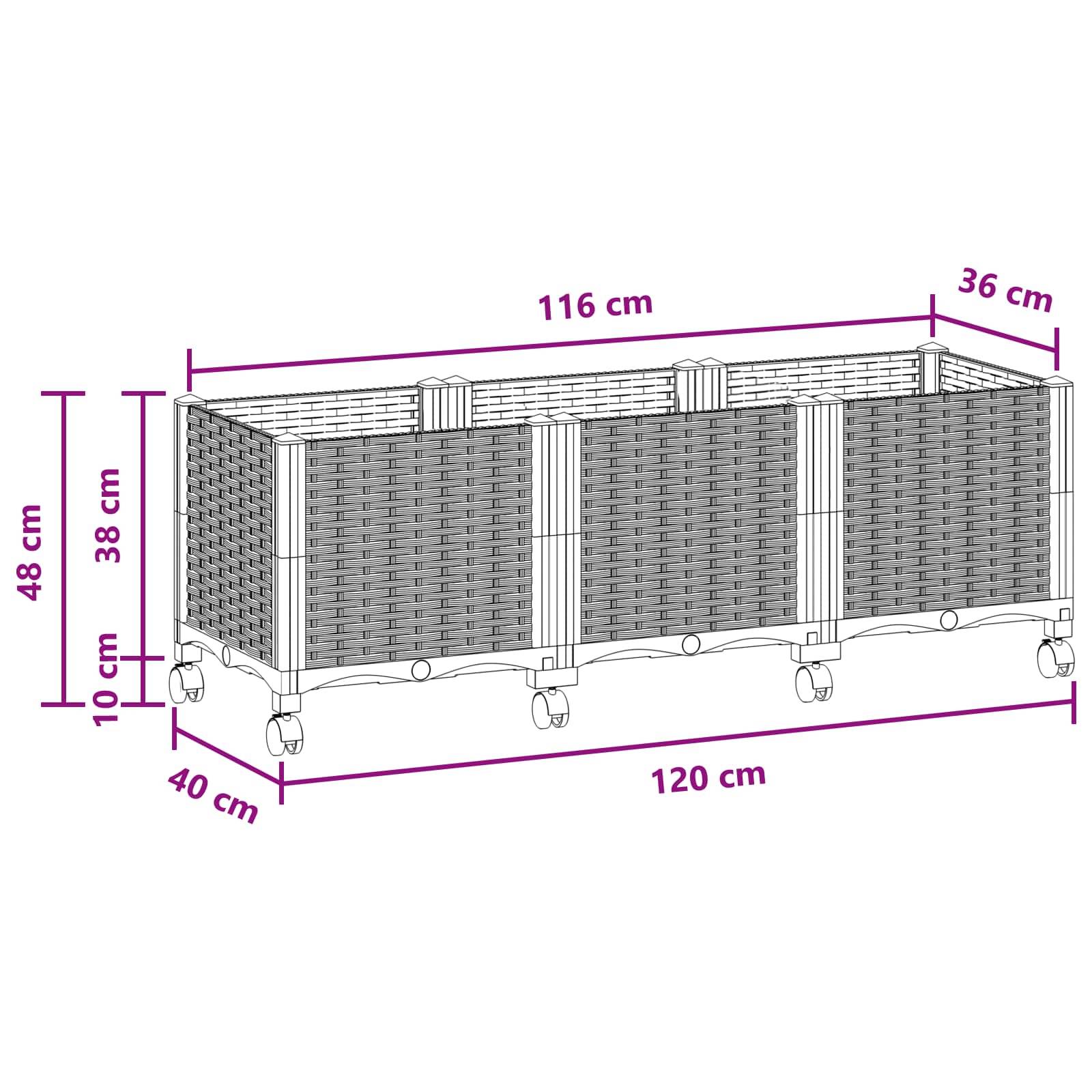 vidaXL Gartenpflanzer mit Rädern Braun 120 x 40 x 44 cm PP