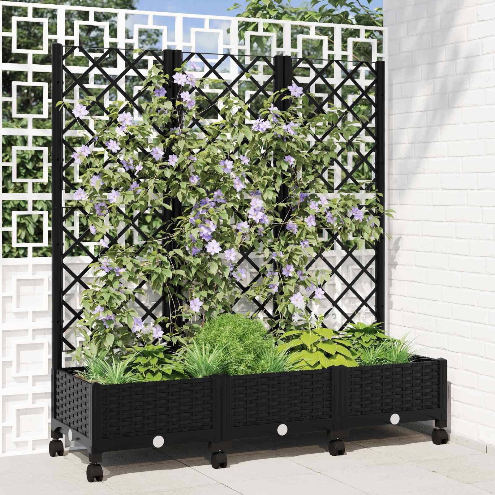 vidaXL Pflanzkübel mit Spalier und Rädern Schwarz 120 x 40 x 131,5 cm