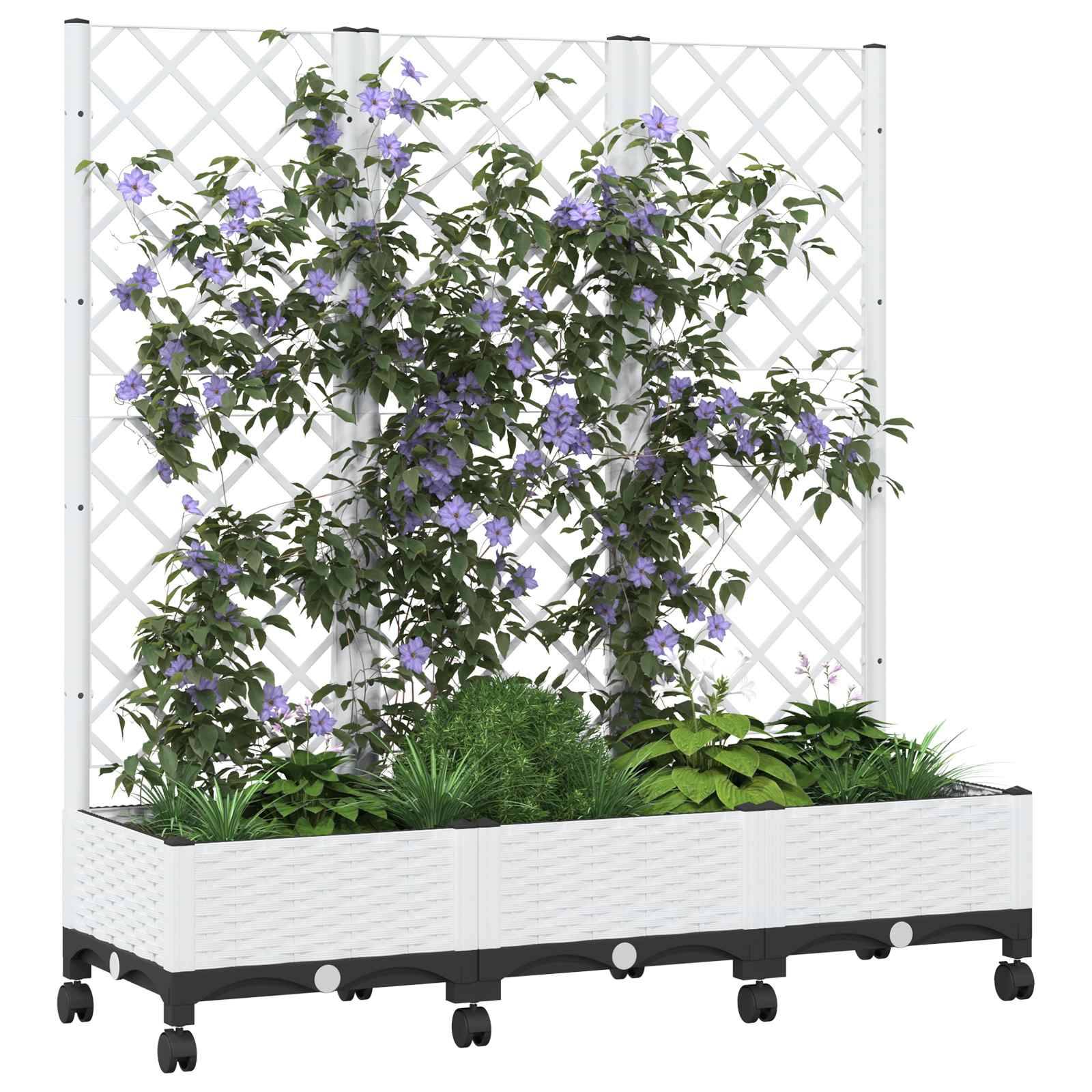 vidaXL Pflanzkübel mit Spalier und Rädern Weiß 120 x 40 x 131,5 cm PP