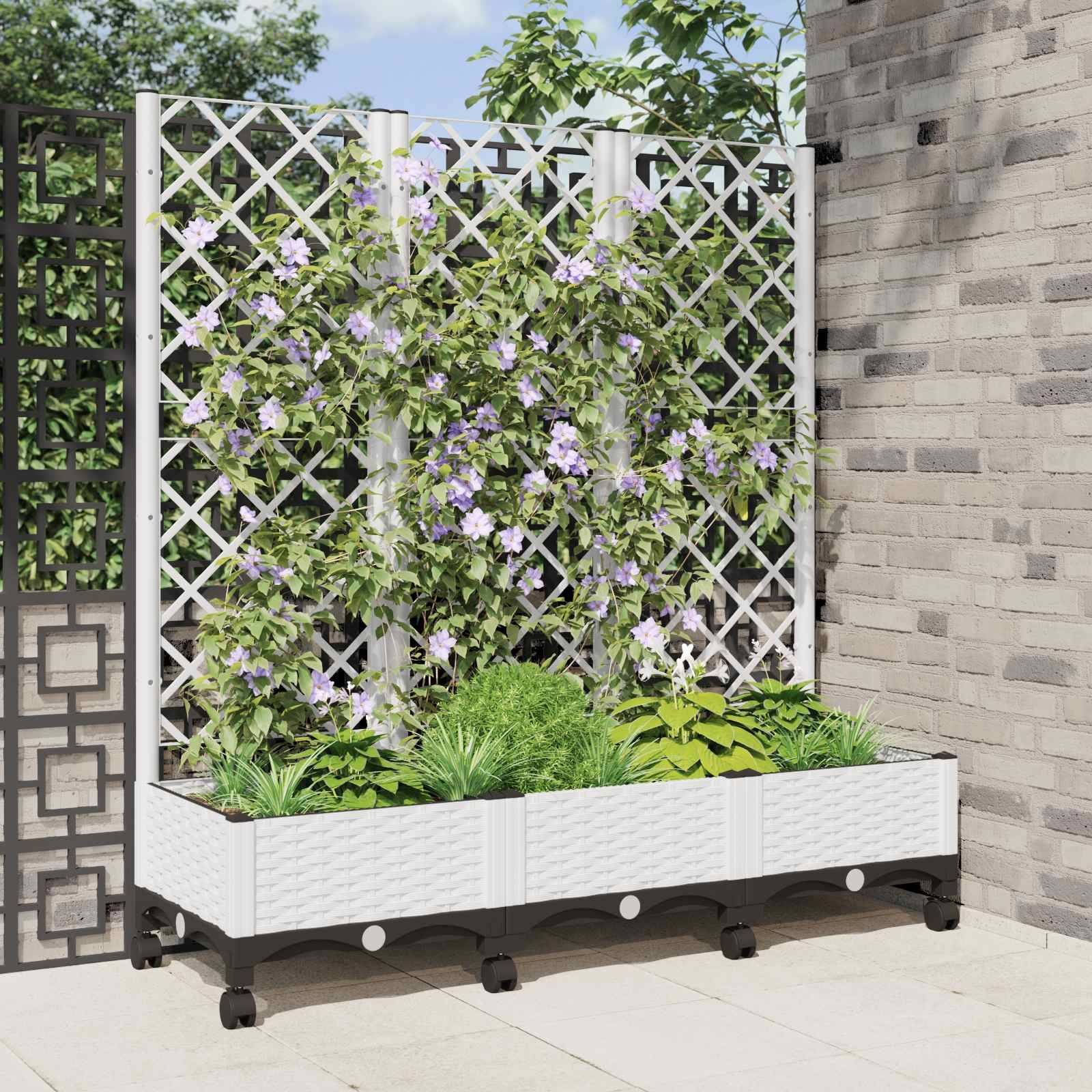 vidaXL Pflanzkübel mit Spalier und Rädern Weiß 120 x 40 x 131,5 cm PP