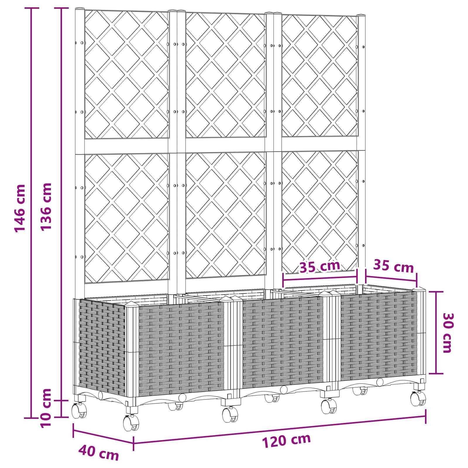 vidaXL Pflanzkübel mit Spalier und Rädern Braun 120 x 40 x 146 cm PP