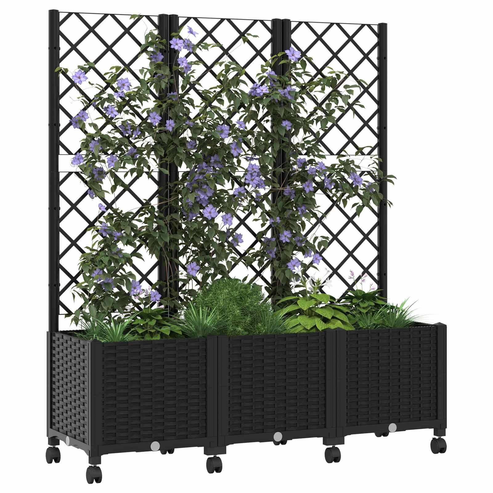 vidaXL Pflanzkübel mit Spalier und Rädern Schwarz 120 x 40 x 146 cm PP