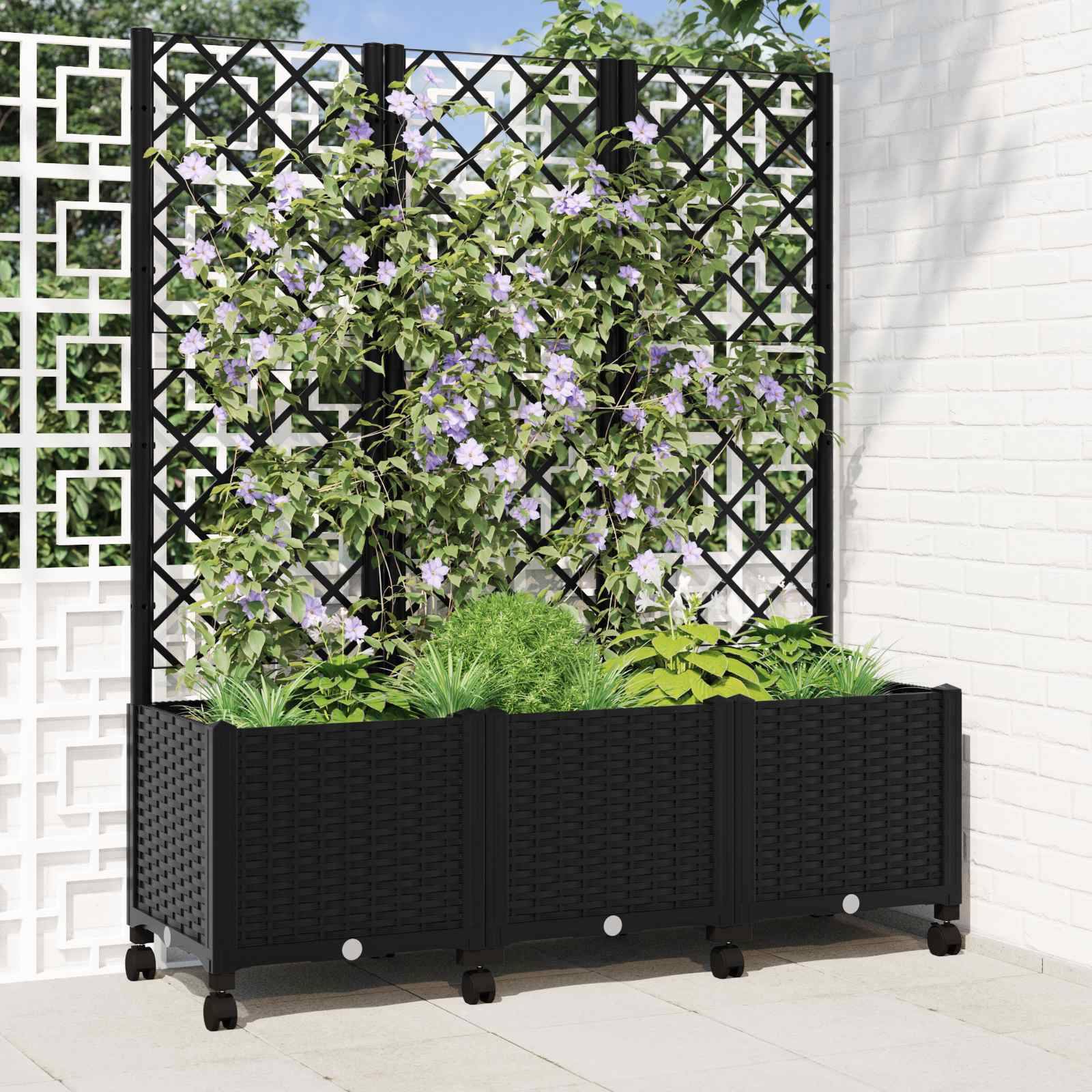 vidaXL Pflanzkübel mit Spalier und Rädern Schwarz 120 x 40 x 146 cm PP