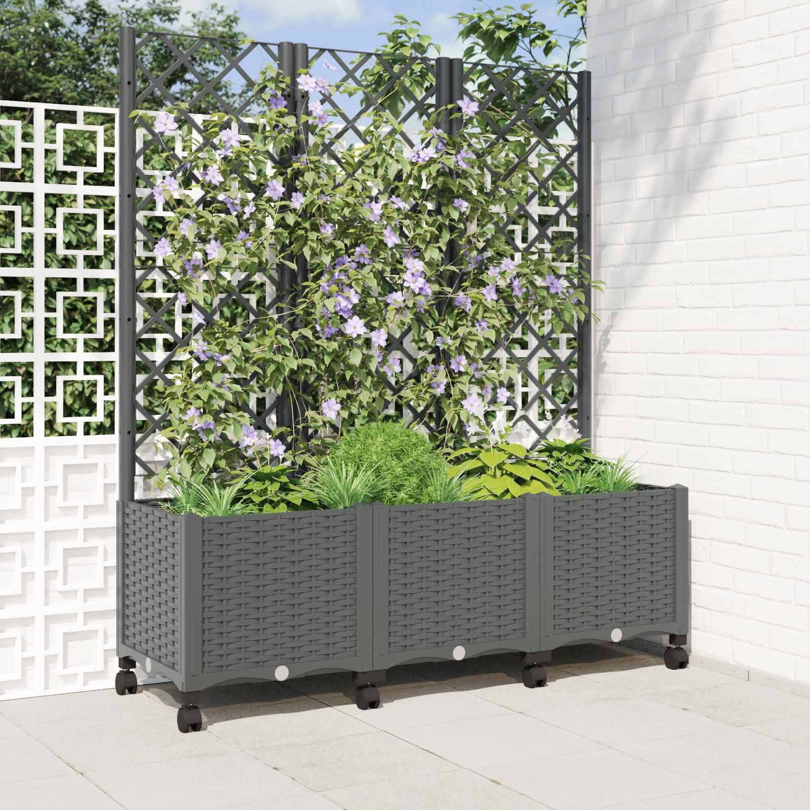 vidaXL Pflanzkübel mit Spalier und Rädern Hellgrau 120 x 40 x 146 cm
