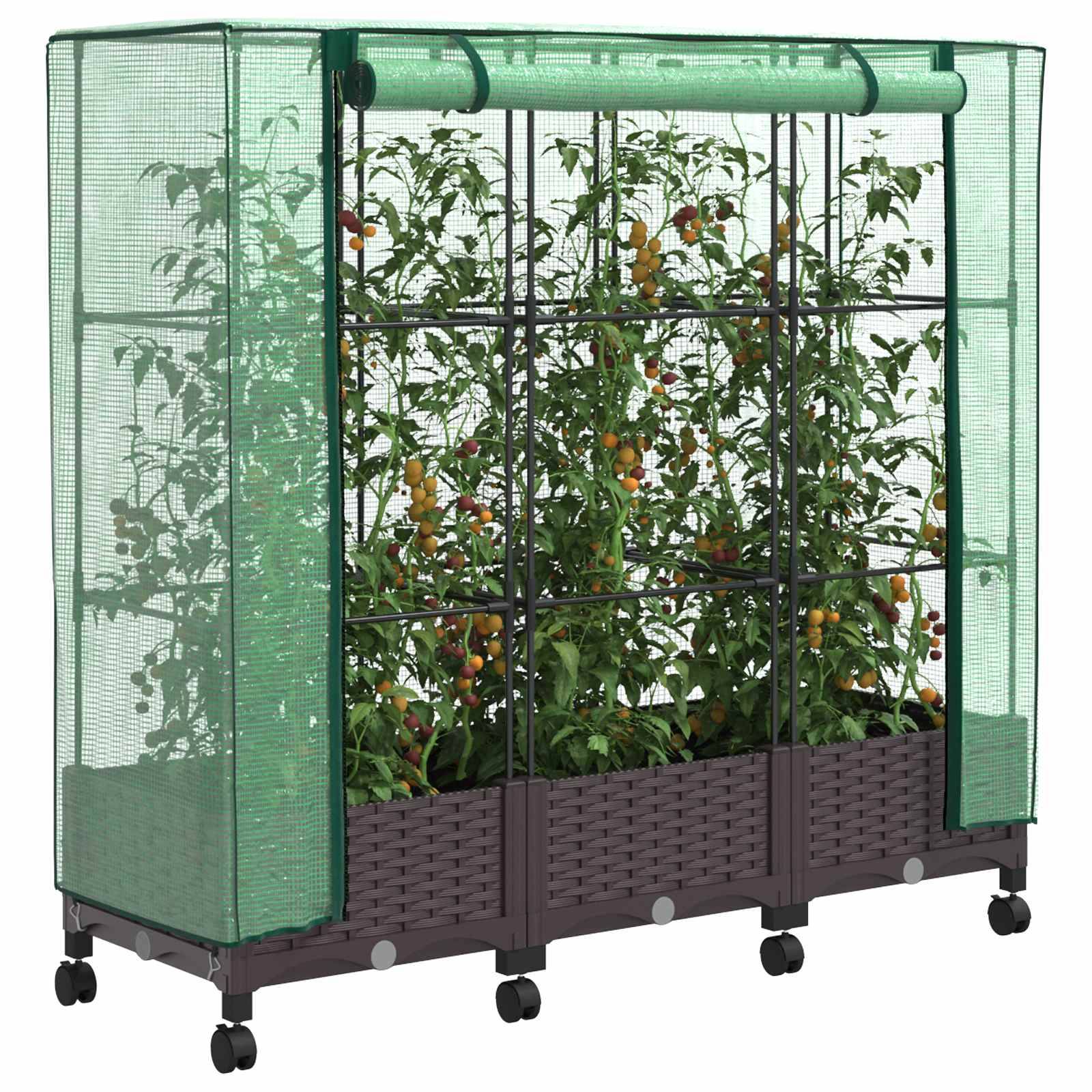 vidaXL Gartenplanter mit Gewächshausabdeckung und Rädern 3 Stk. Braun