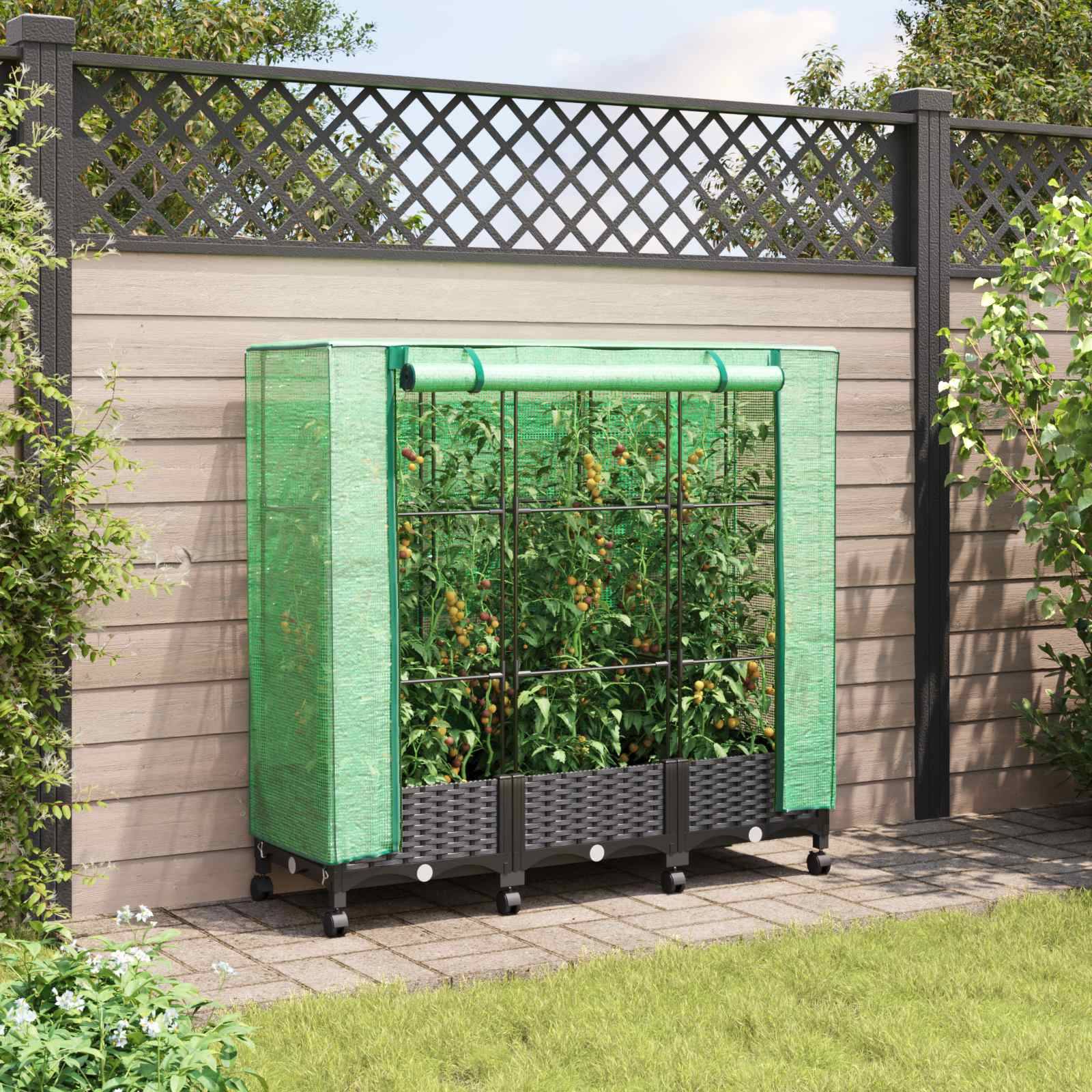 vidaXL Gartenplanter mit Gewächshausabdeckung und Rädern 3 Stk. PP