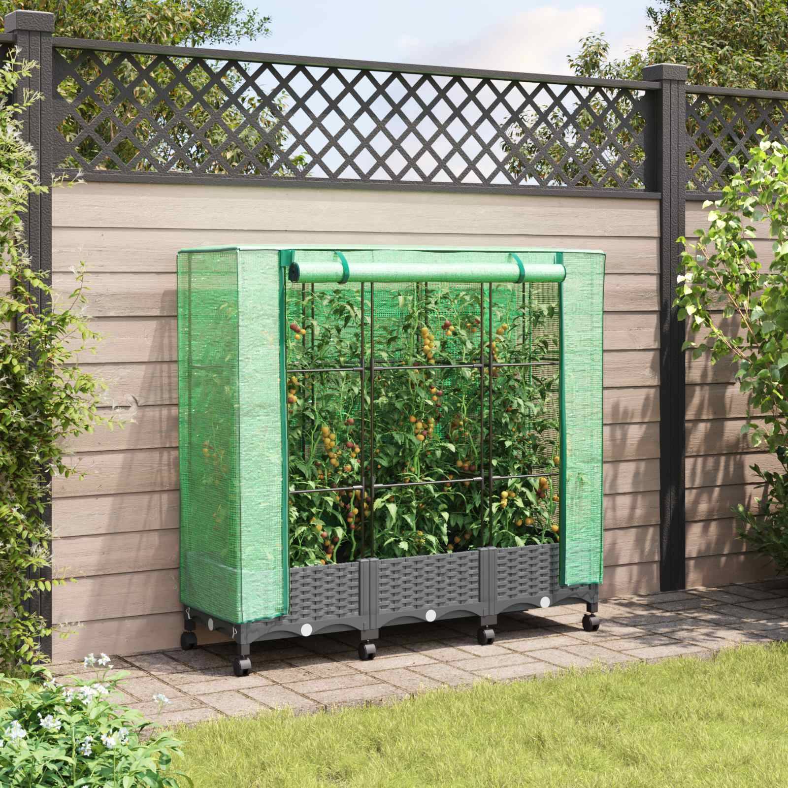 vidaXL Gartenplanter mit Gewächshausabdeckung und Rädern 3 Stk. PP