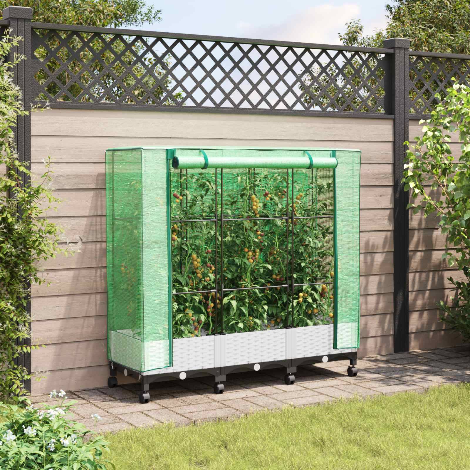 vidaXL Gartenplanter mit Gewächshausabdeckung und Rädern 3 Stk. Weiß