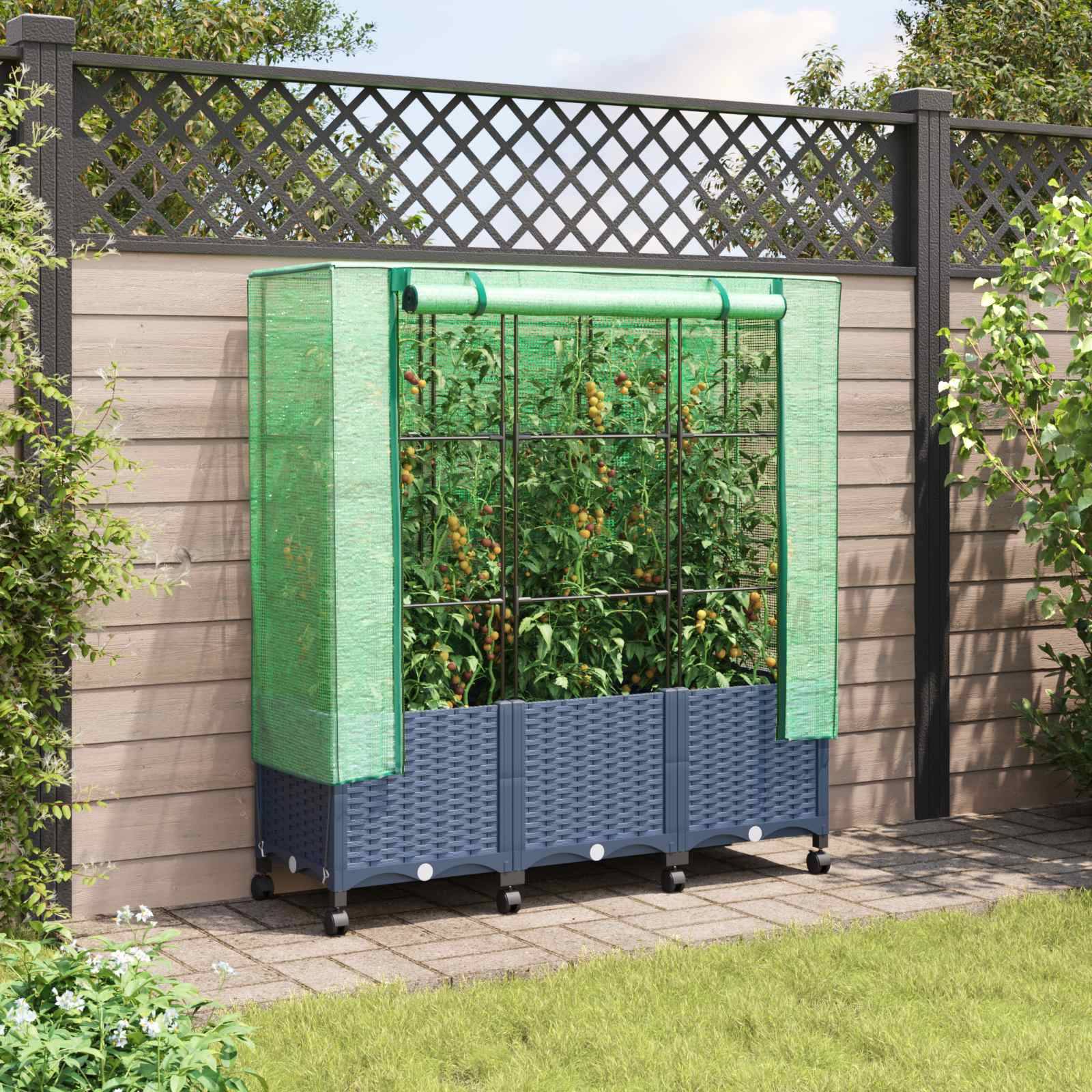 vidaXL Gartenplanter mit Gewächshausabdeckung und Rädern 3 Stk. PP