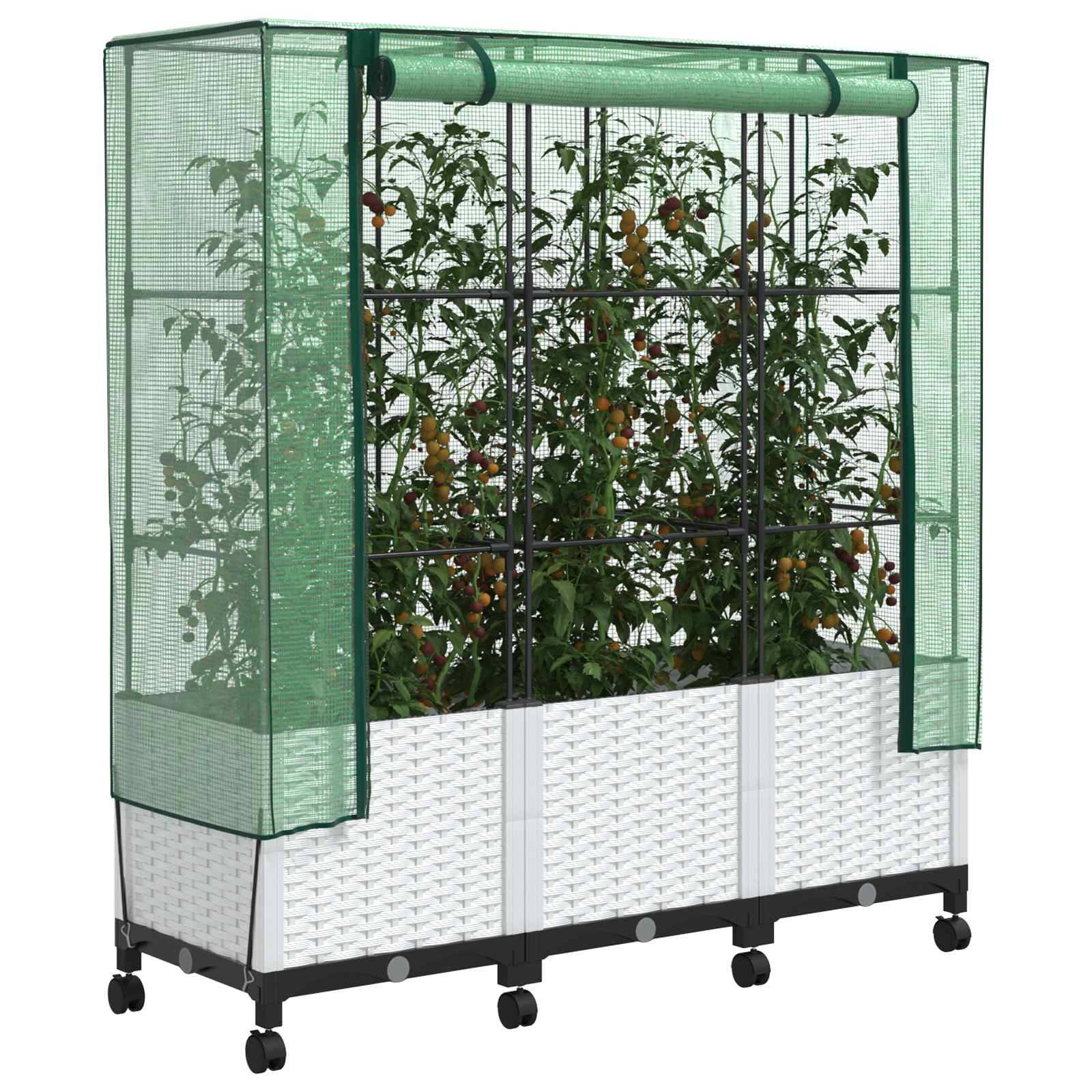 vidaXL Gartenplanter mit Gewächshausabdeckung und Rädern 3 Stk. Weiß