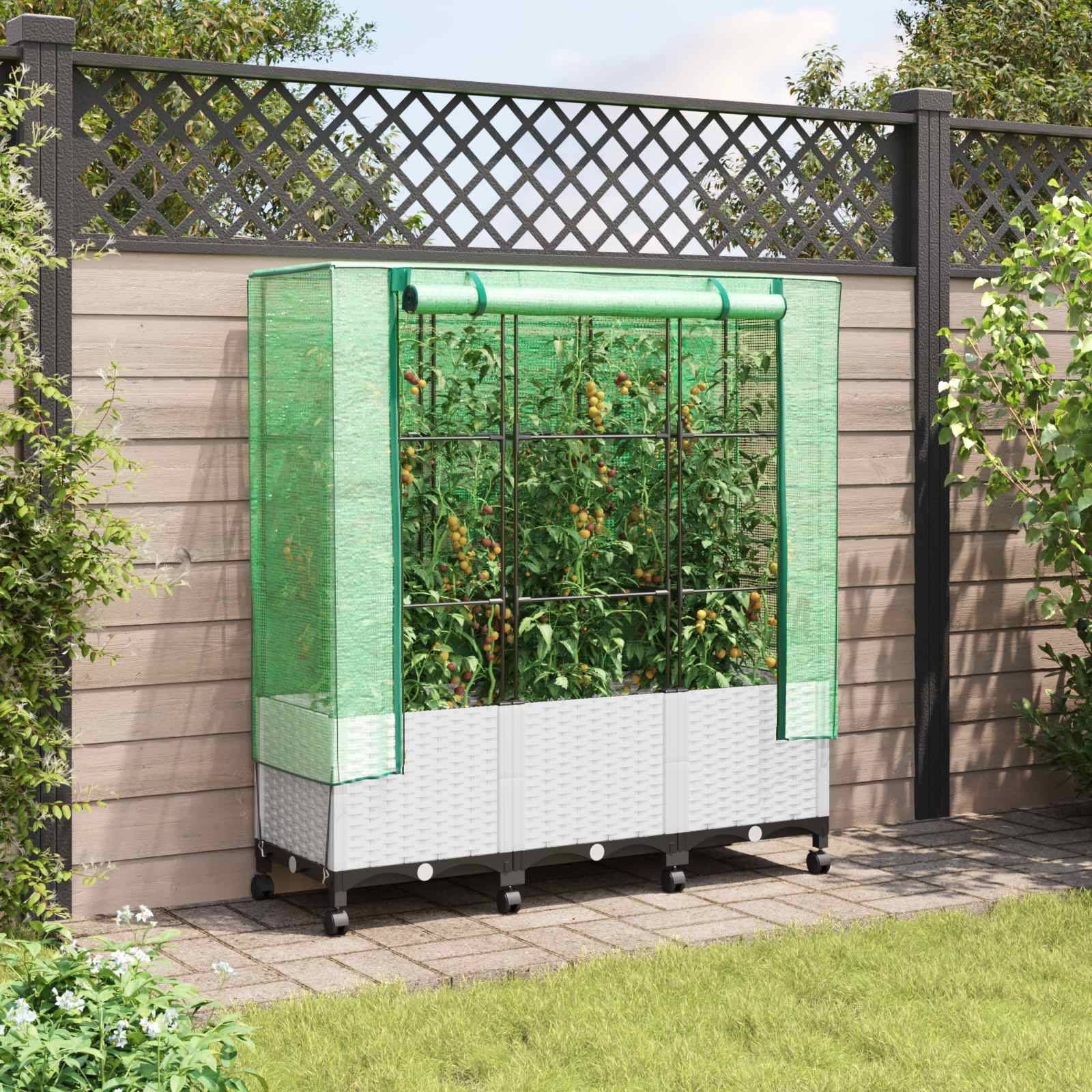 vidaXL Gartenplanter mit Gewächshausabdeckung und Rädern 3 Stk. Weiß