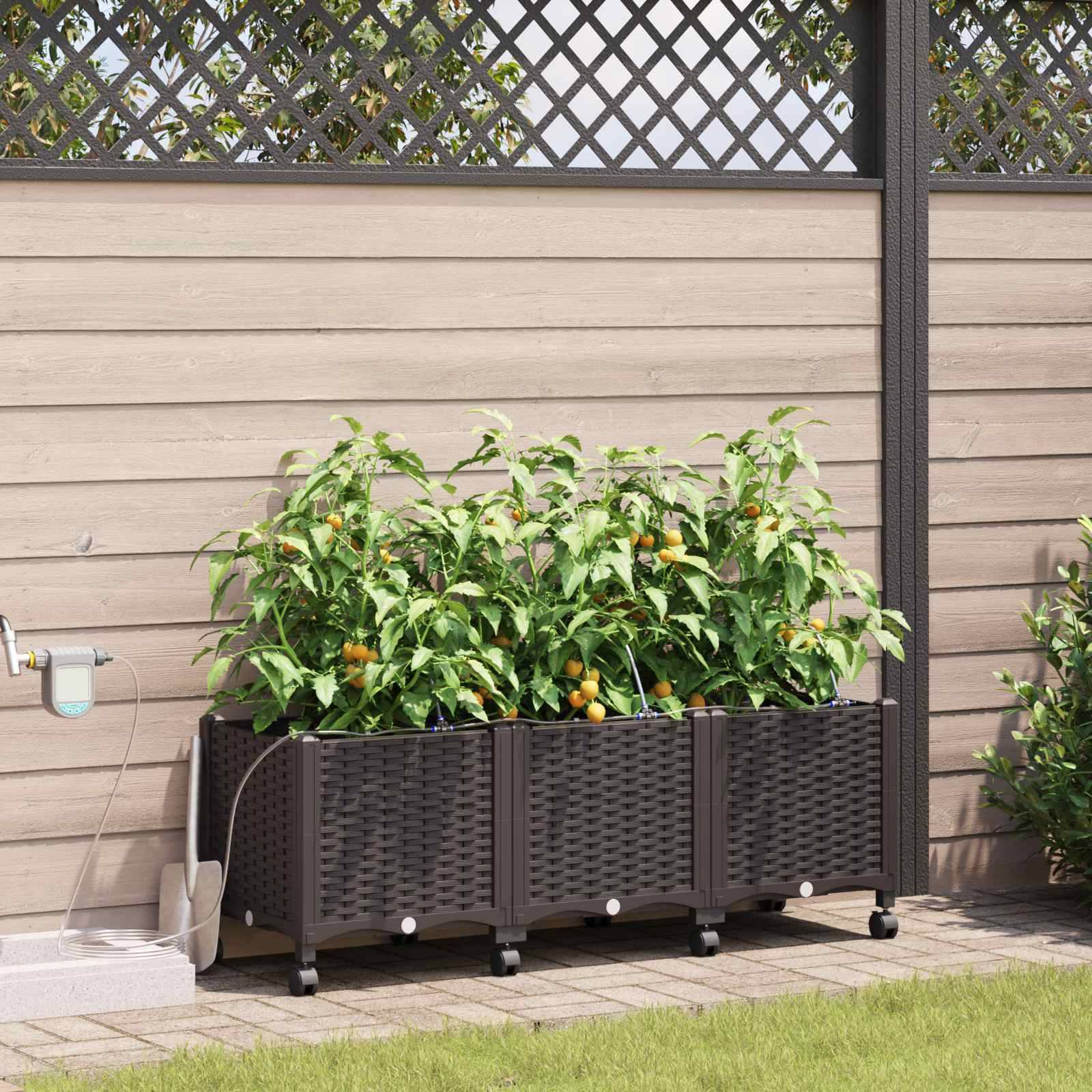 vidaXL Garten Blumenkübel mit Bewässerung und Rädern 3 Stk. Braun PP